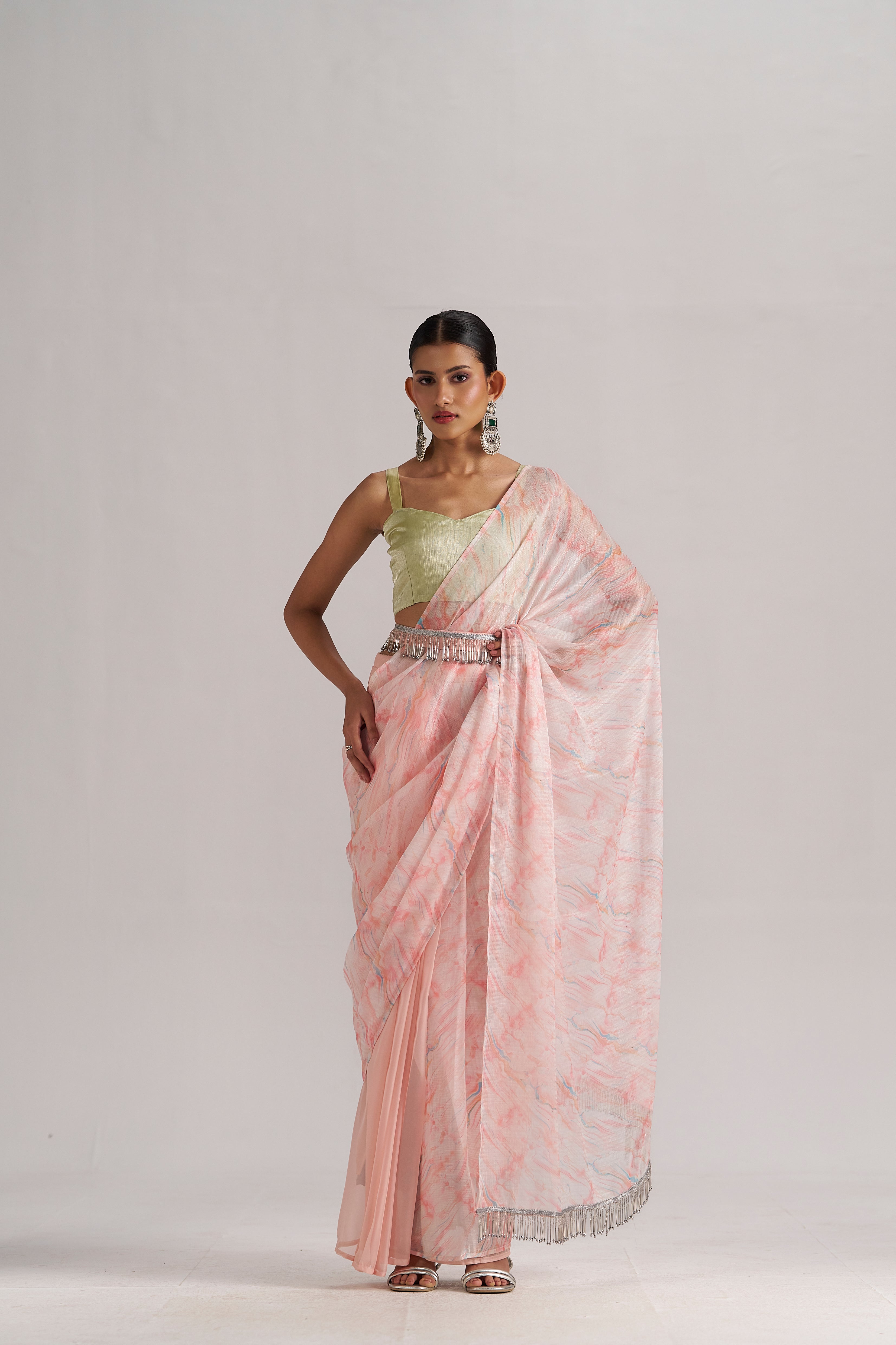 PEACH MORGANITE SOFT ORGANZA READY TO WEAR SAREE