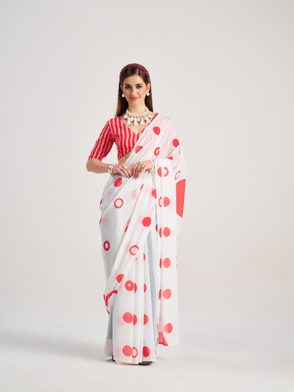 WHITE & RED GEORGETTE POLKA POPS DIGITAL PRINTED SAREE