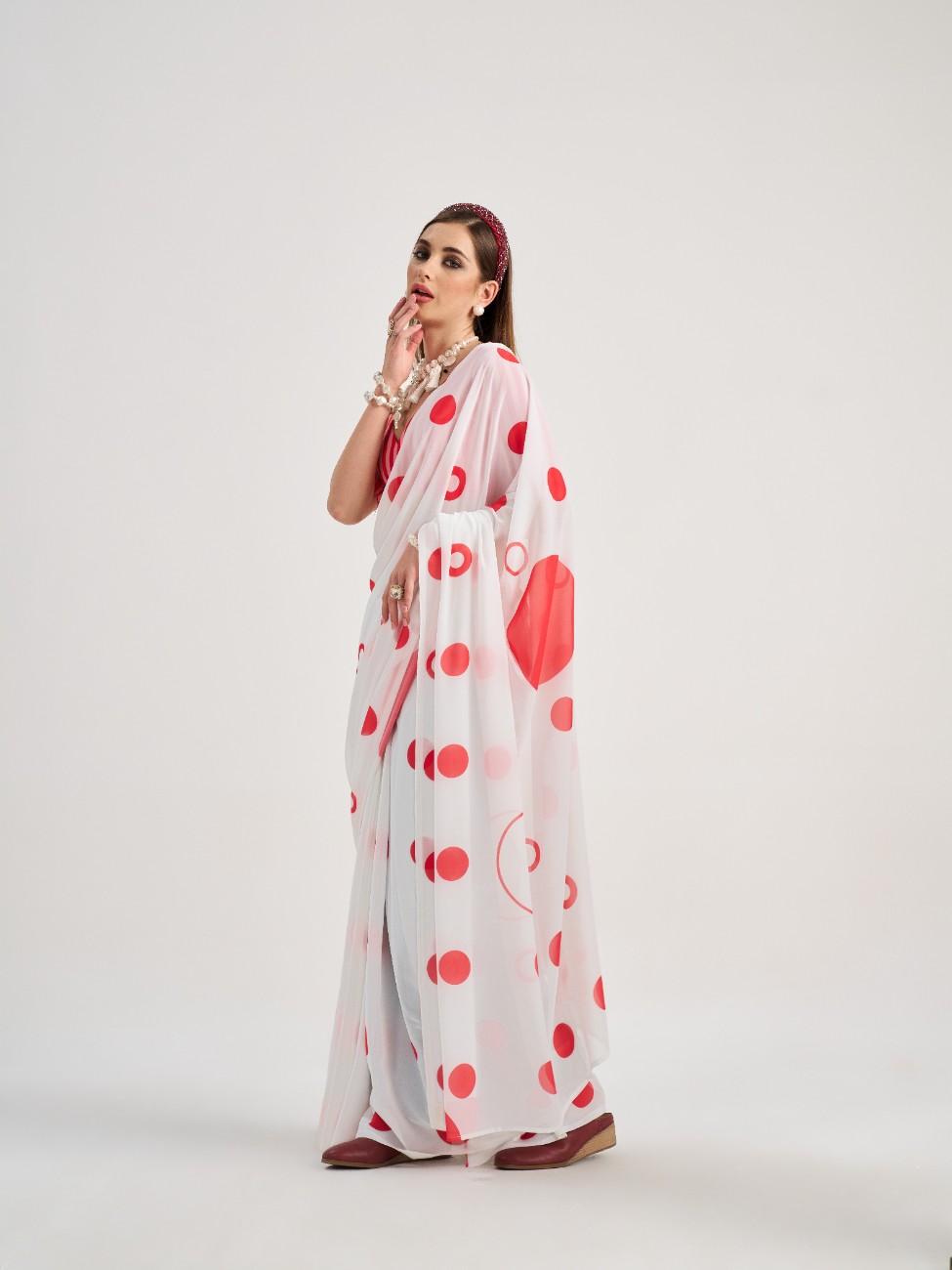 WHITE & RED GEORGETTE POLKA POPS DIGITAL PRINTED SAREE