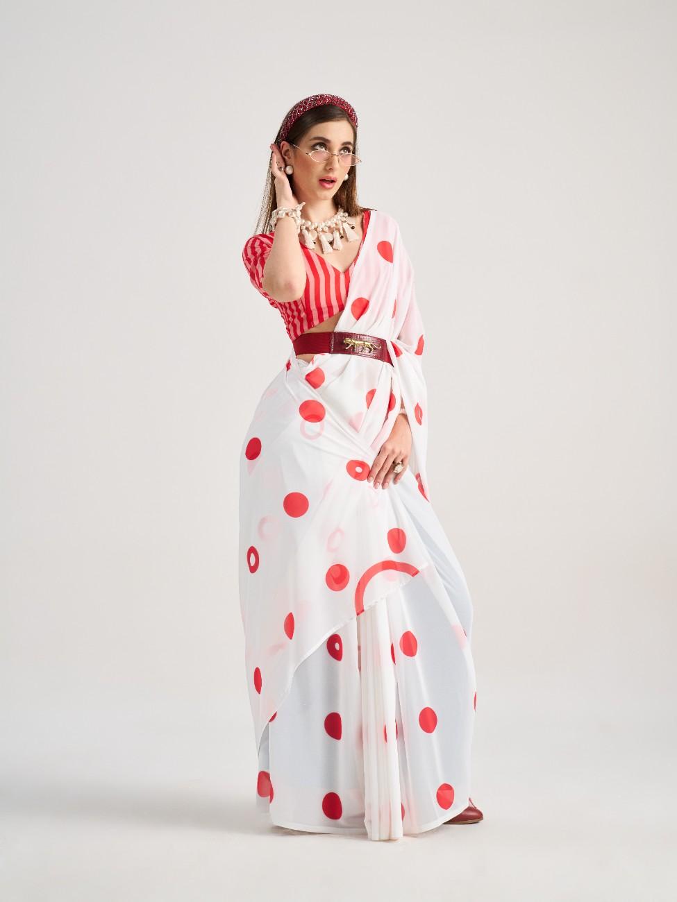 WHITE & RED GEORGETTE POLKA POPS DIGITAL PRINTED SAREE