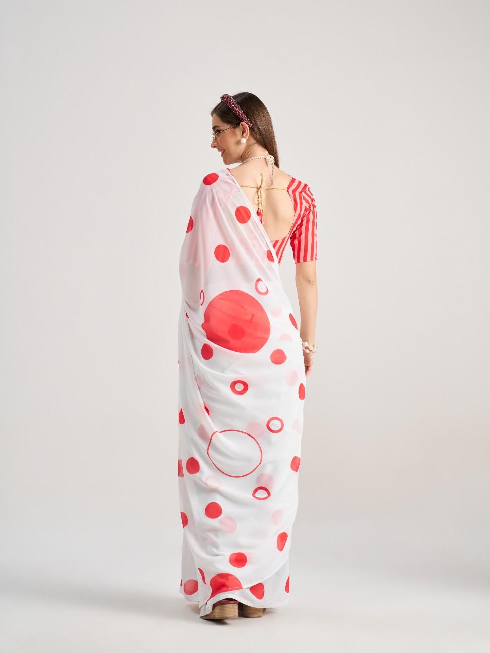 WHITE & RED GEORGETTE POLKA POPS DIGITAL PRINTED SAREE