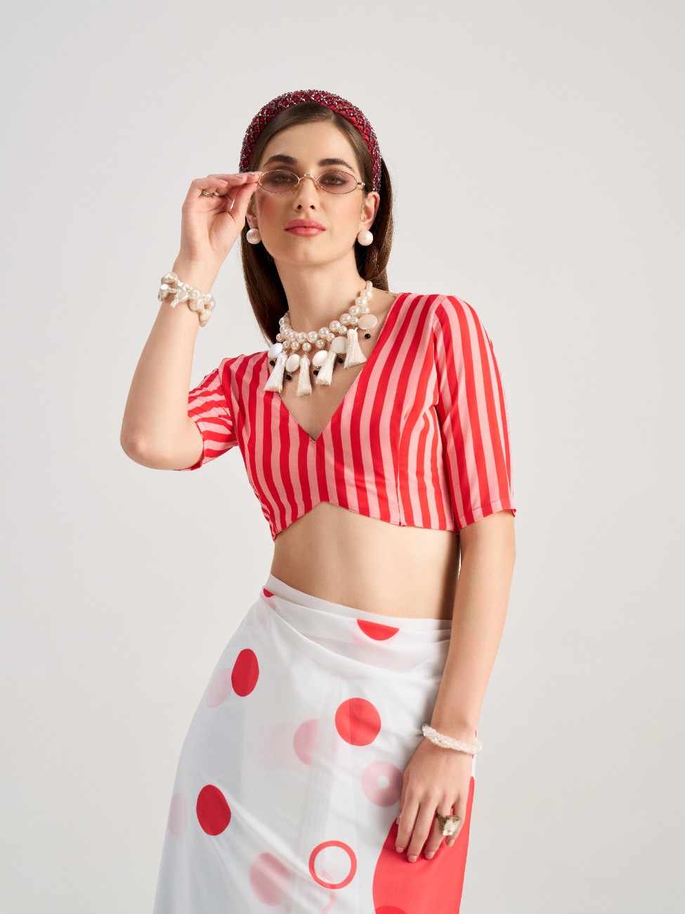 WHITE & RED GEORGETTE POLKA POPS DIGITAL PRINTED SAREE