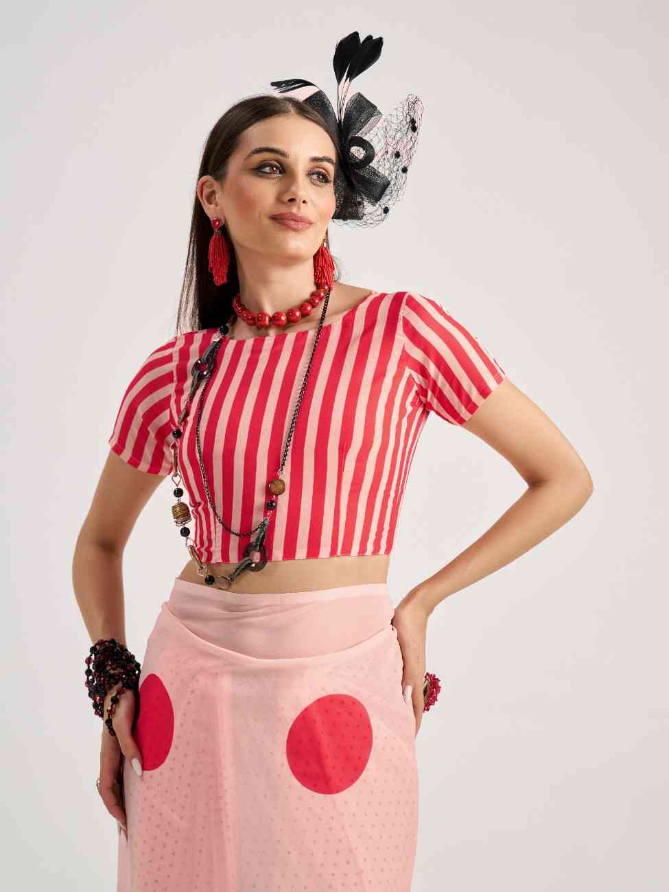 PEACH & RED GEORGETTE POLKA POPS DIGITAL PRINTED SAREE