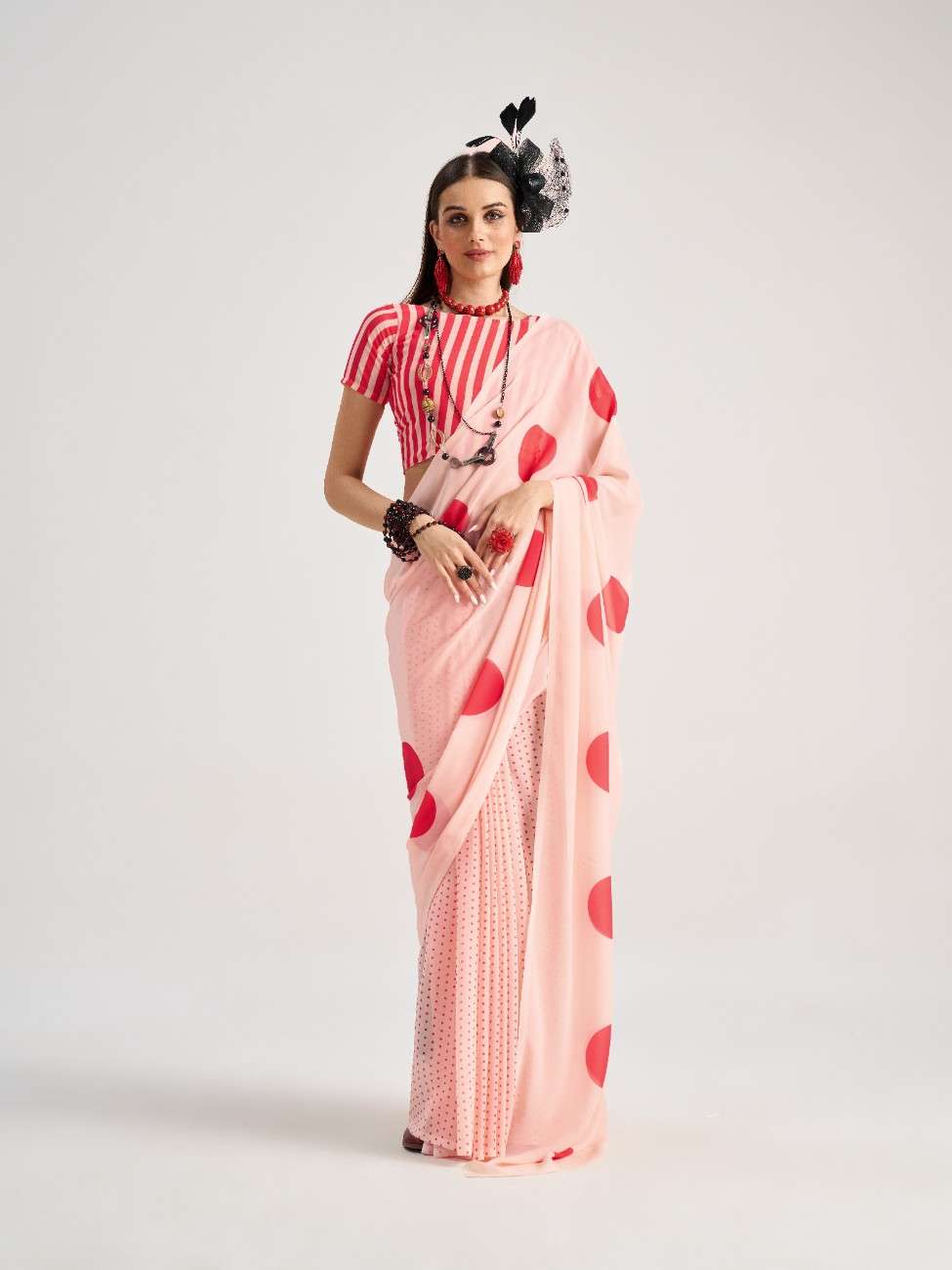 PEACH & RED GEORGETTE POLKA POPS DIGITAL PRINTED SAREE