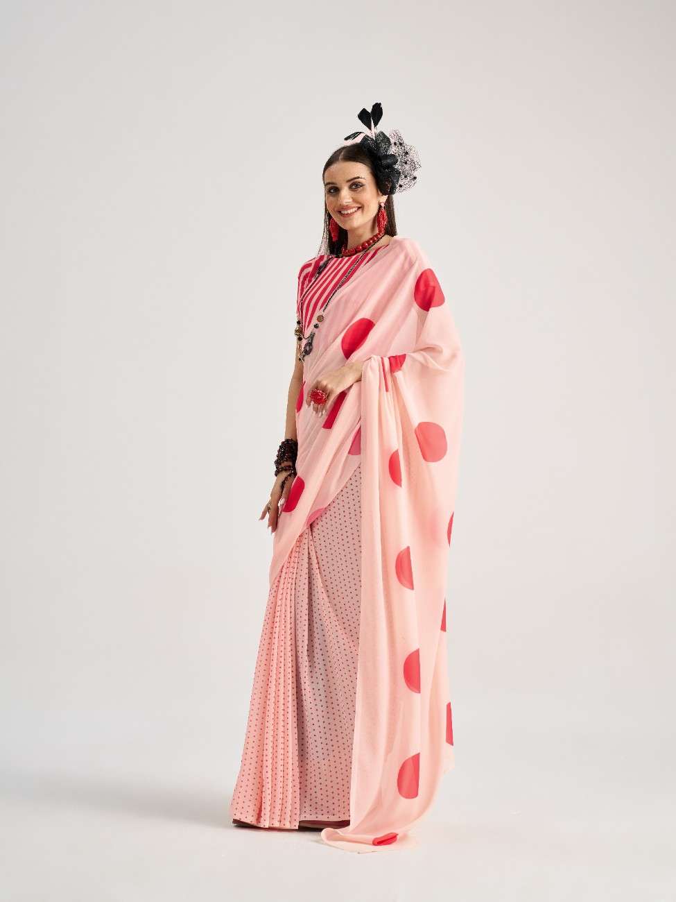 PEACH & RED GEORGETTE POLKA POPS DIGITAL PRINTED SAREE