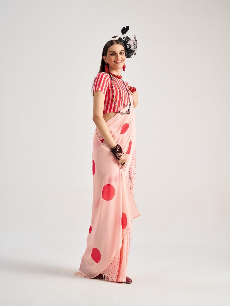 PEACH & RED GEORGETTE POLKA POPS DIGITAL PRINTED SAREE