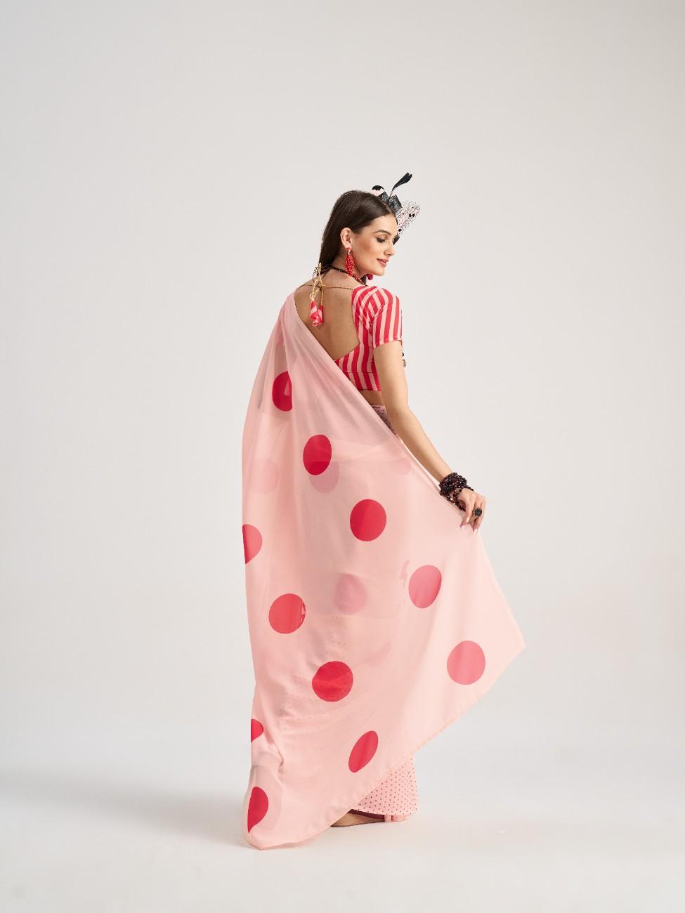 PEACH & RED GEORGETTE POLKA POPS DIGITAL PRINTED SAREE