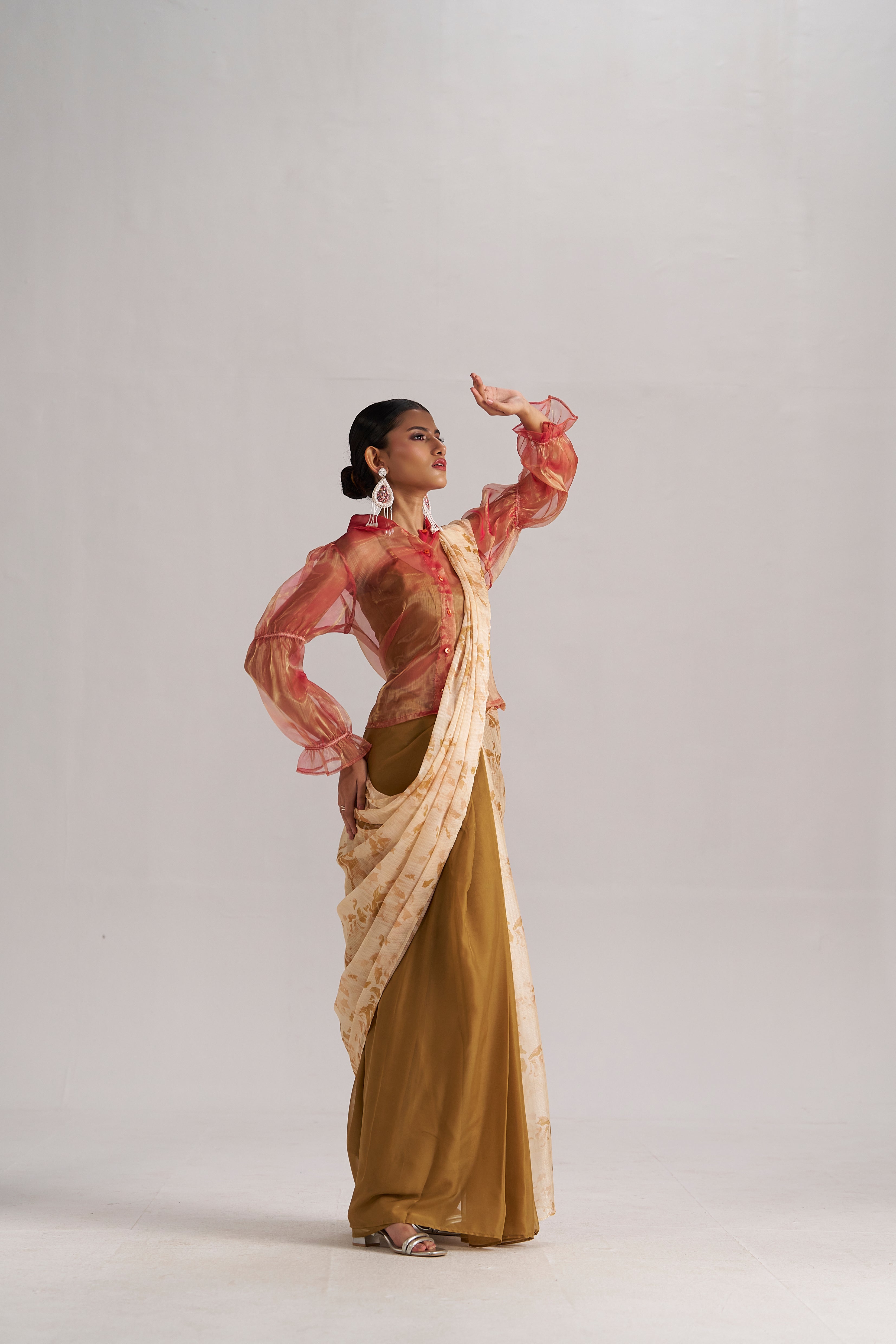 BROWN ZIRCON SOFT ORGANZA READY TO WEAR SAREE