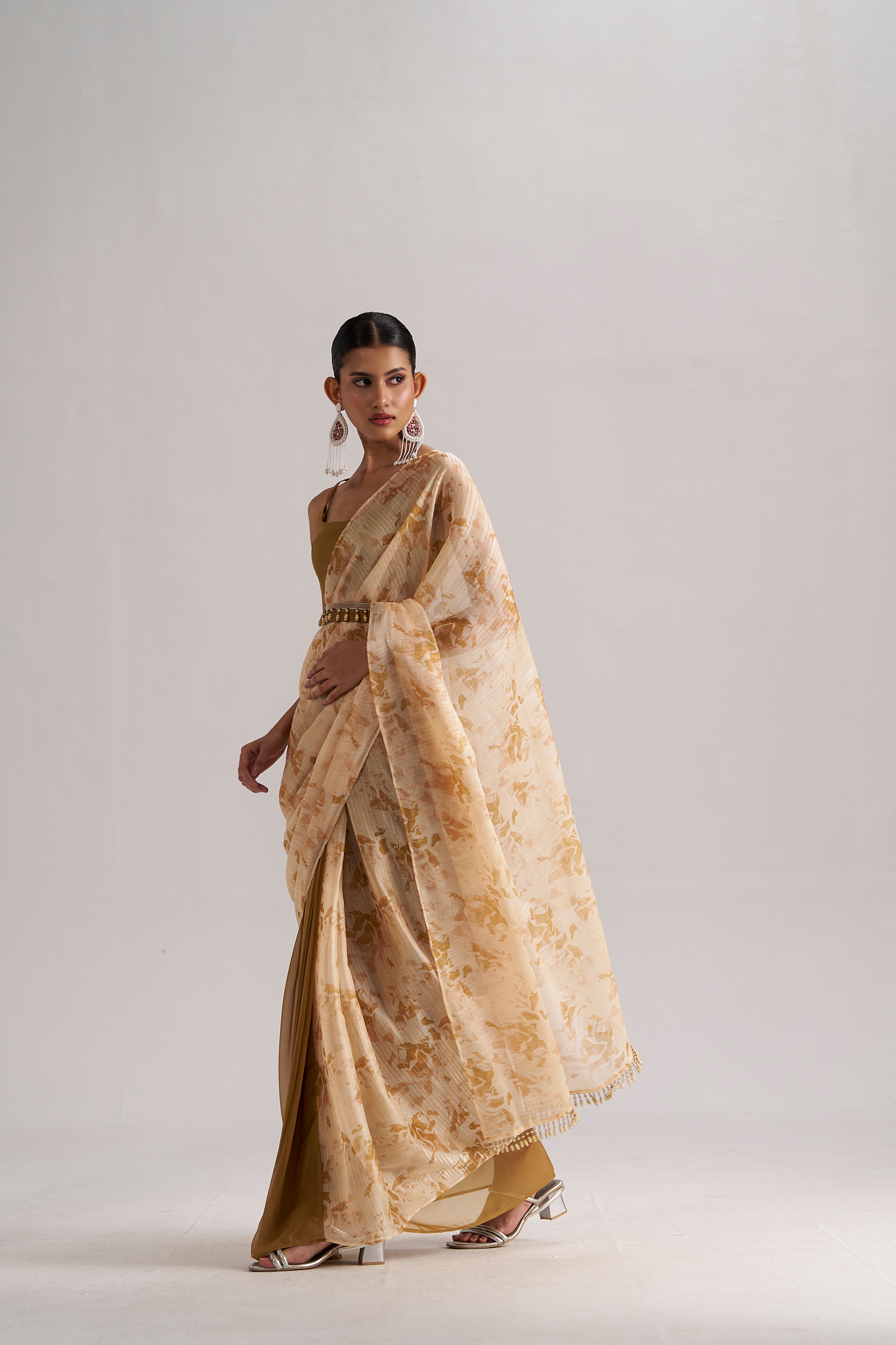 BROWN ZIRCON SOFT ORGANZA READY TO WEAR SAREE