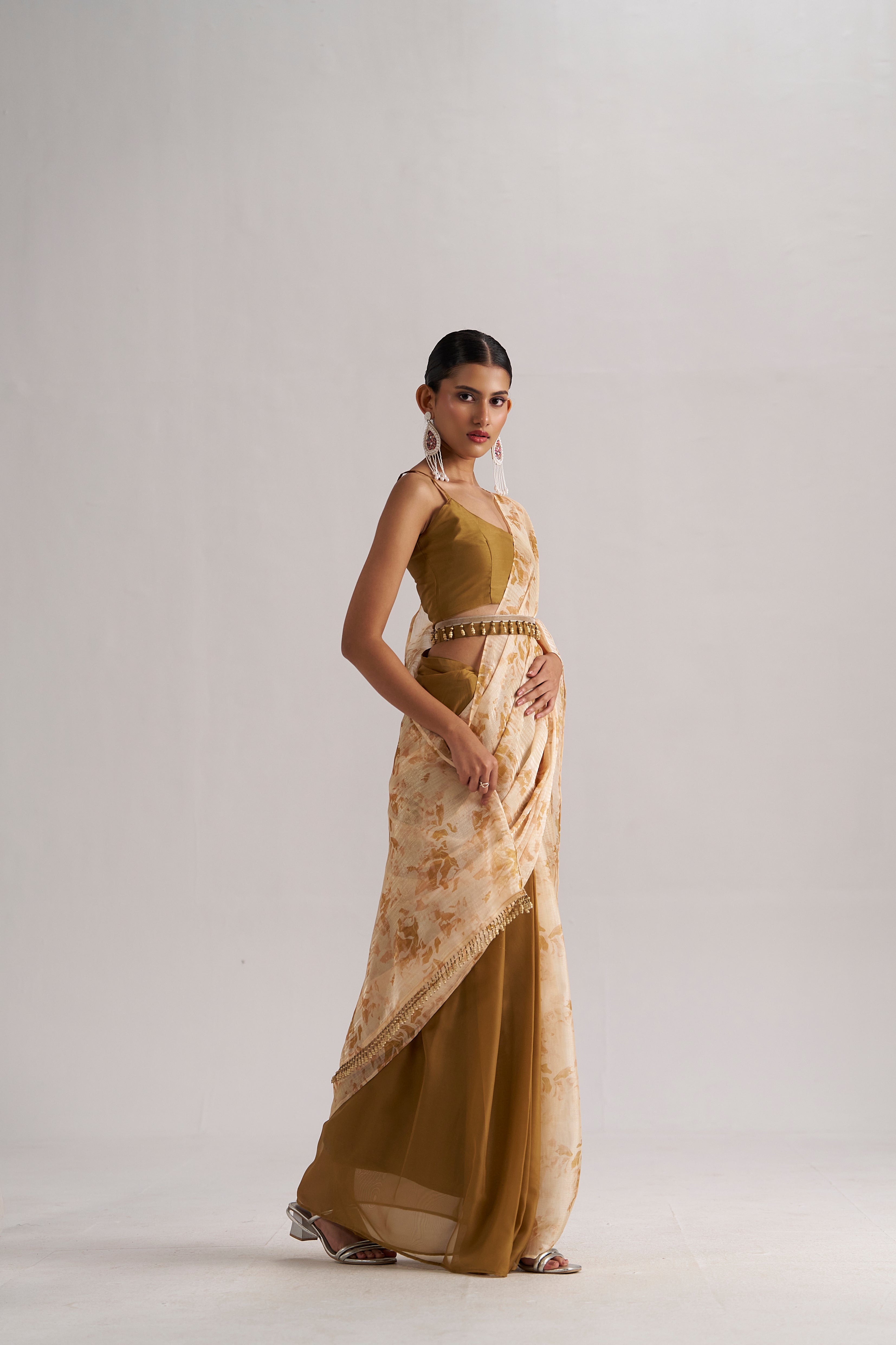 BROWN ZIRCON SOFT ORGANZA READY TO WEAR SAREE