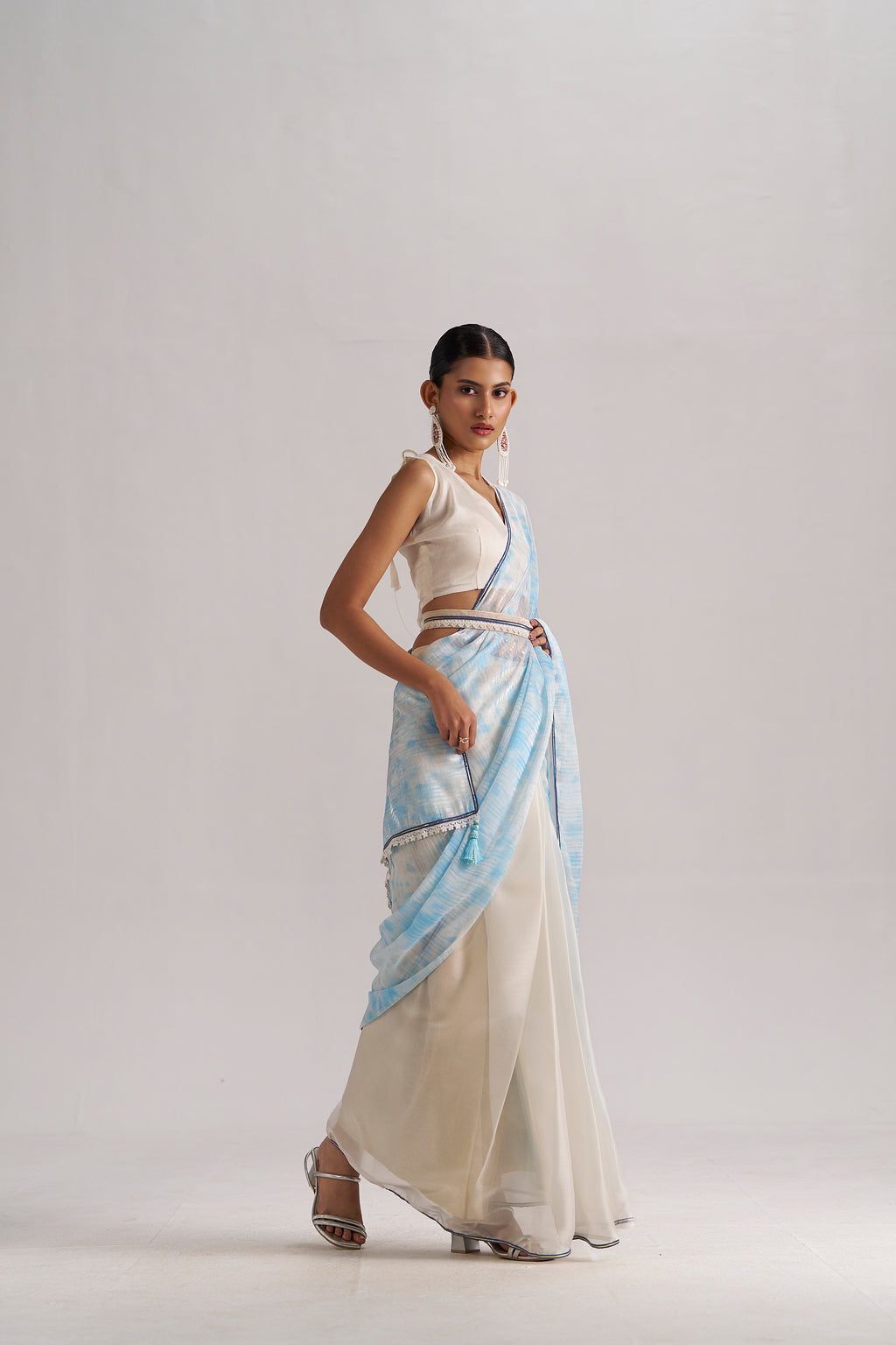 OFF WHITE & SKY SOFT ORGANZA READY TO WEAR SAREE