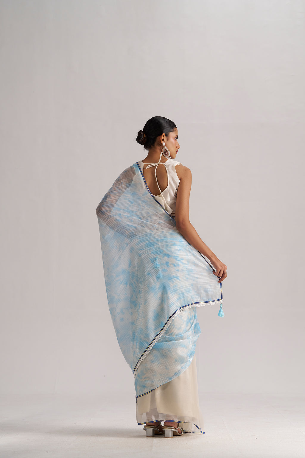 OFF WHITE & SKY SOFT ORGANZA READY TO WEAR SAREE