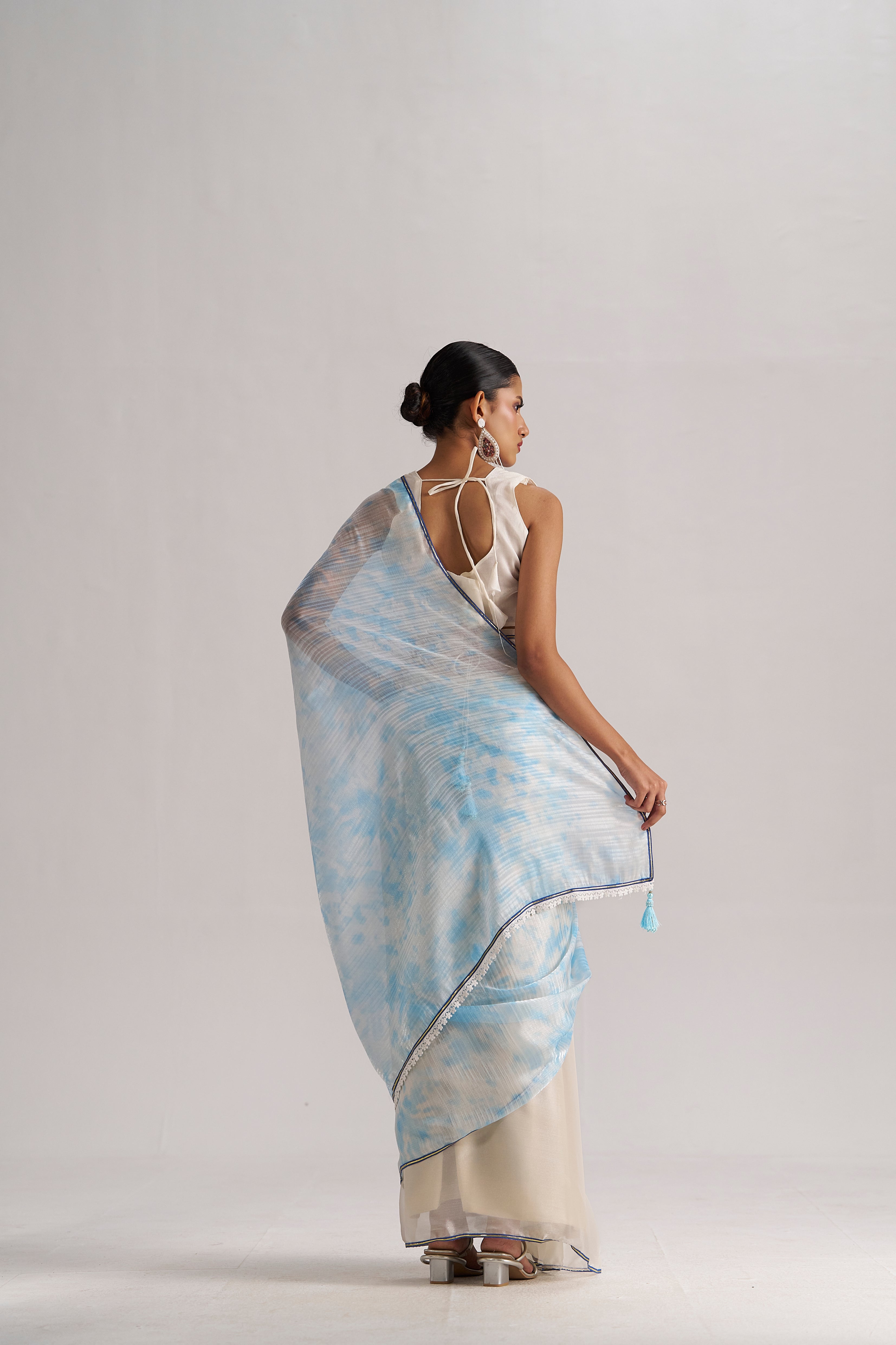OFF WHITE & SKY SOFT ORGANZA READY TO WEAR SAREE