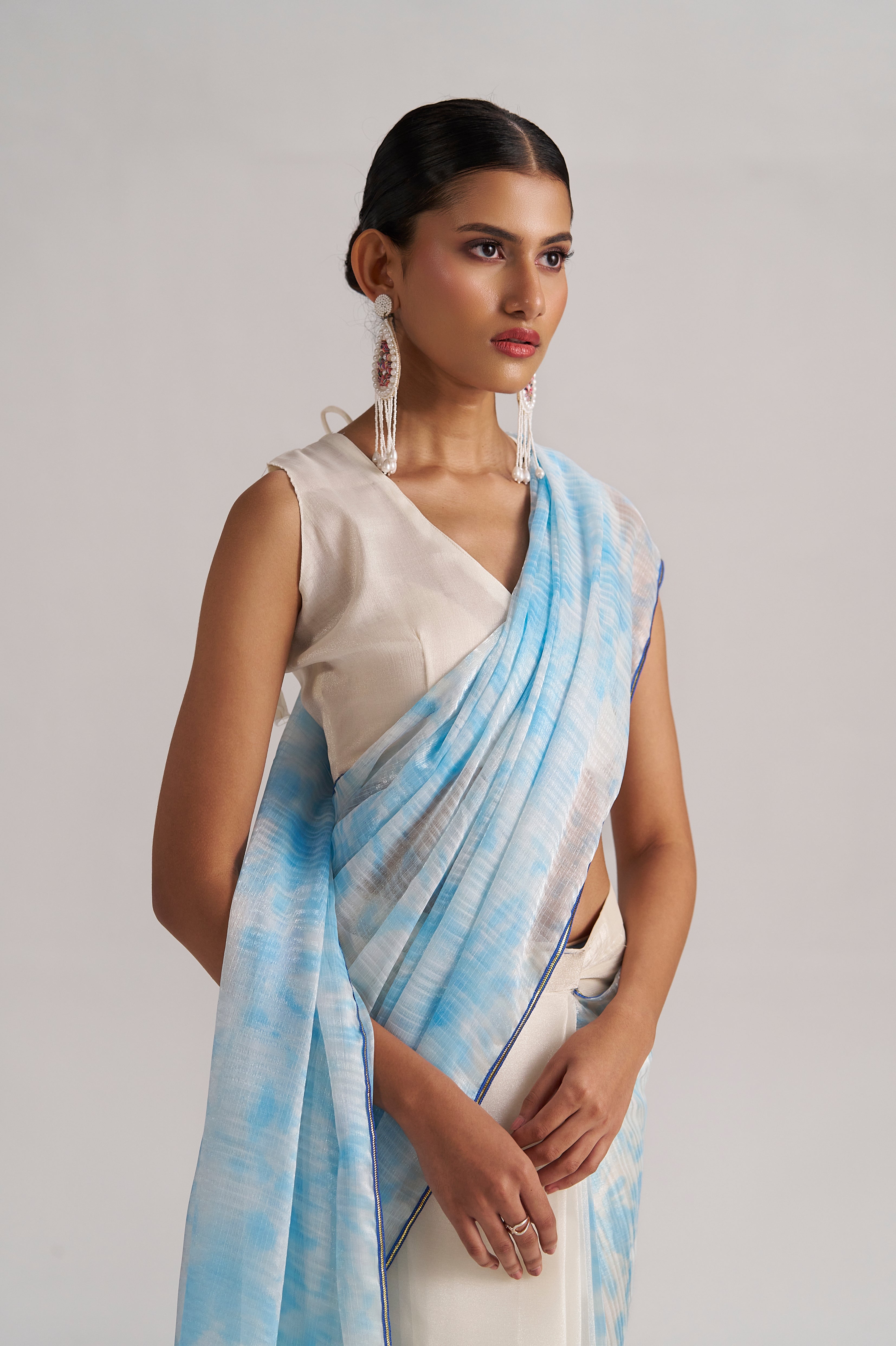 OFF WHITE & SKY SOFT ORGANZA READY TO WEAR SAREE