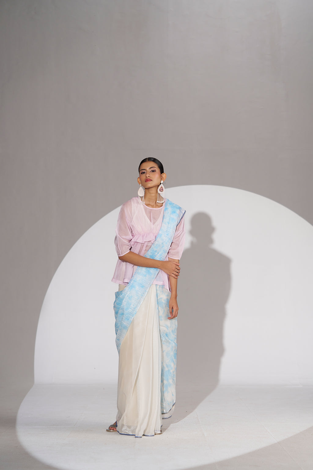 OFF WHITE & SKY SOFT ORGANZA READY TO WEAR SAREE