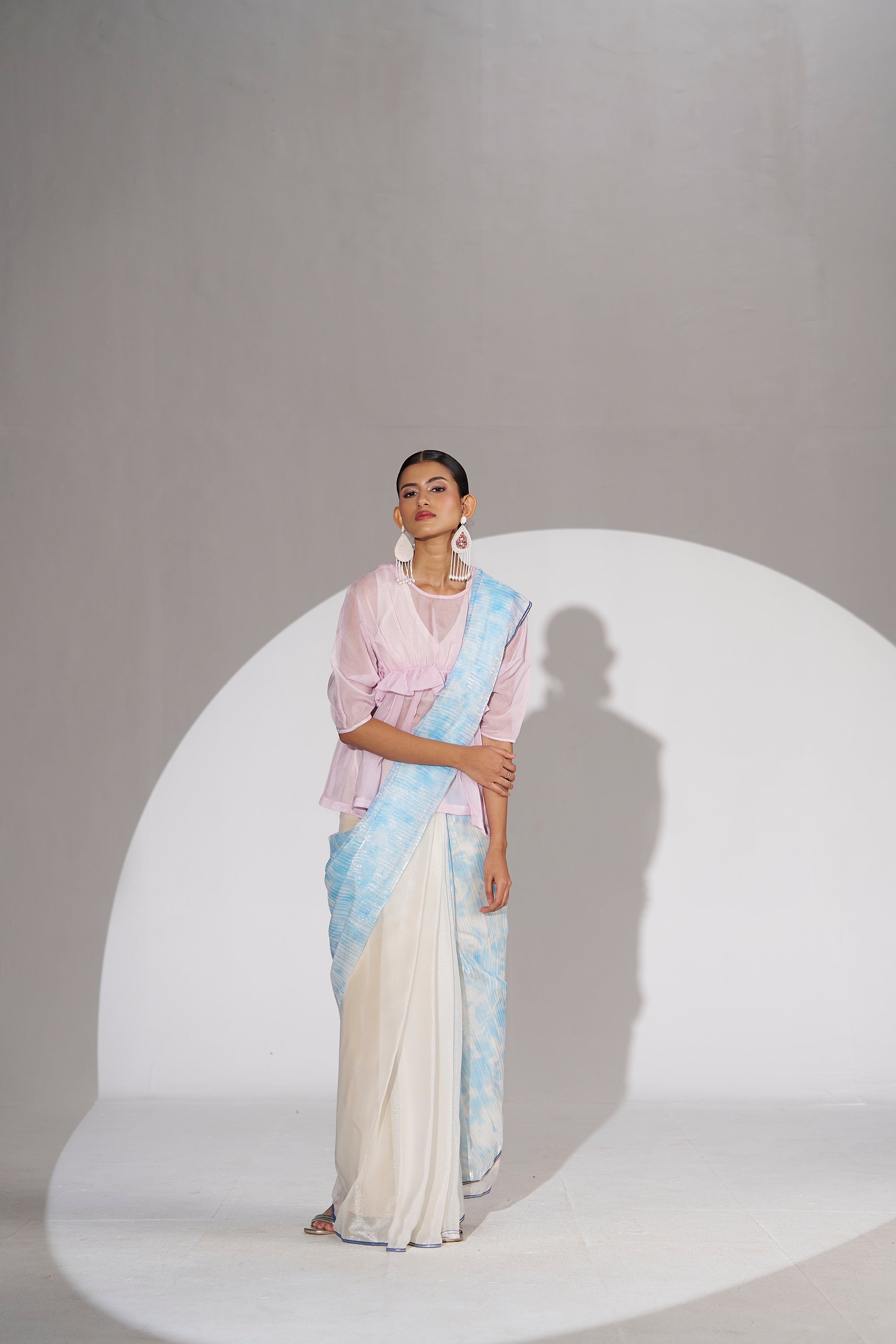 OFF WHITE & SKY SOFT ORGANZA READY TO WEAR SAREE