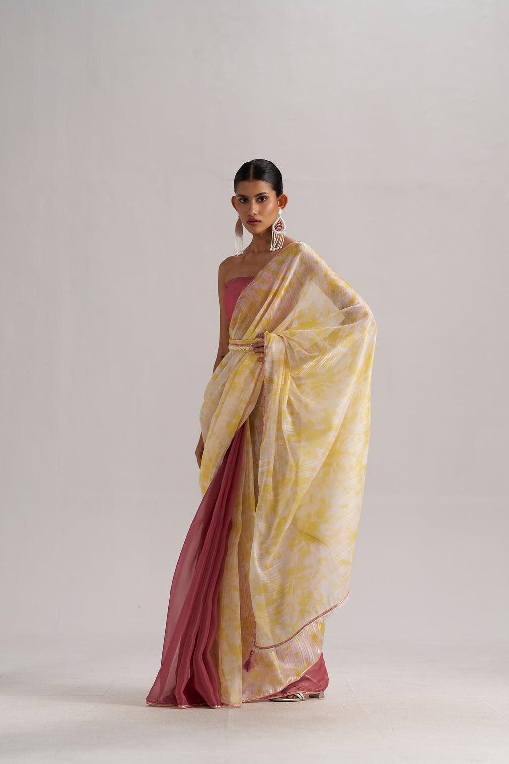 YELLOW BOUGAINVILLEA SOFT ORGANZA READY TO WEAR SAREE