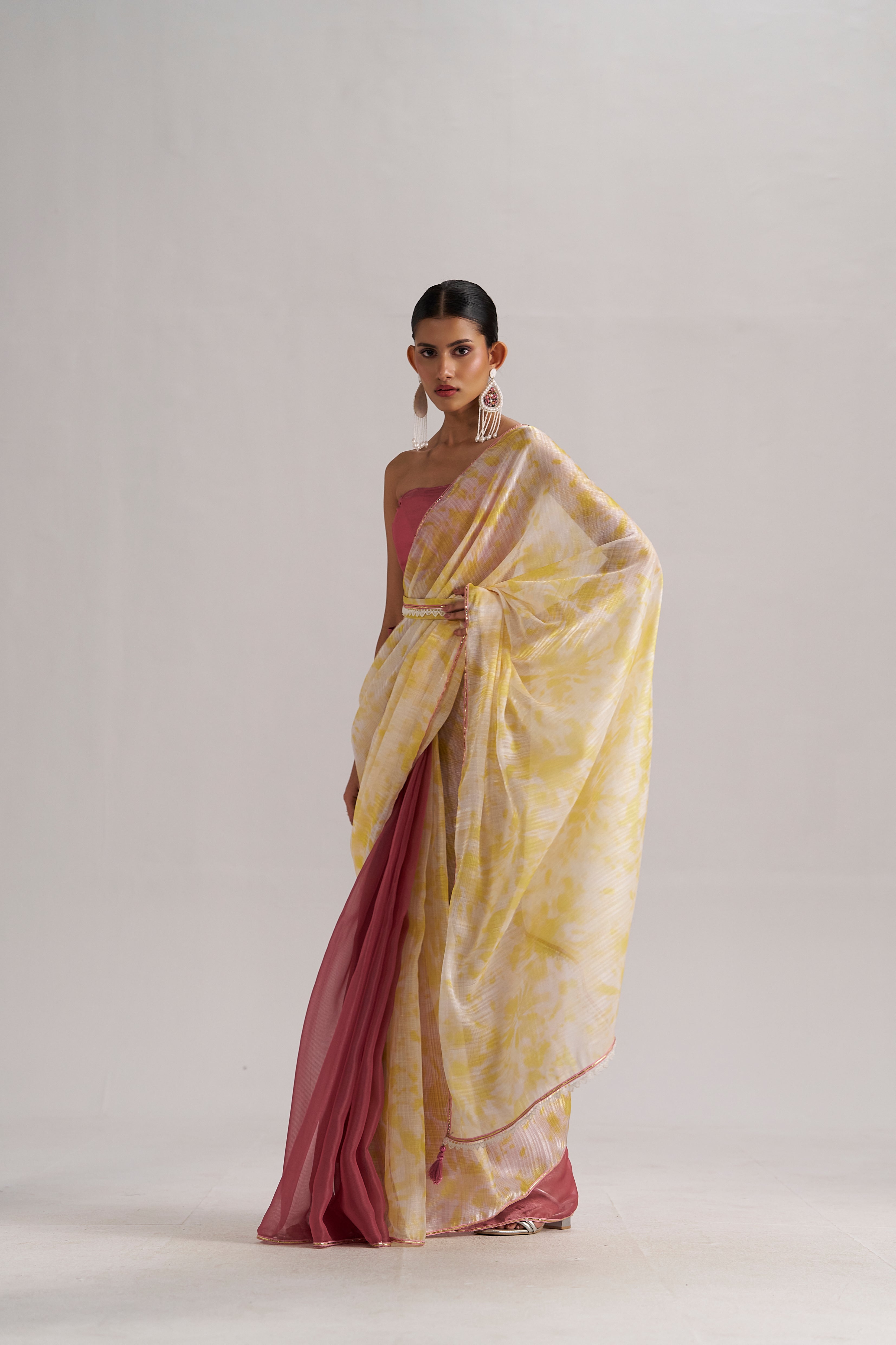 YELLOW BOUGAINVILLEA SOFT ORGANZA READY TO WEAR SAREE