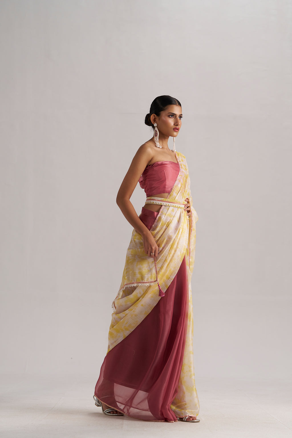 YELLOW BOUGAINVILLEA SOFT ORGANZA READY TO WEAR SAREE