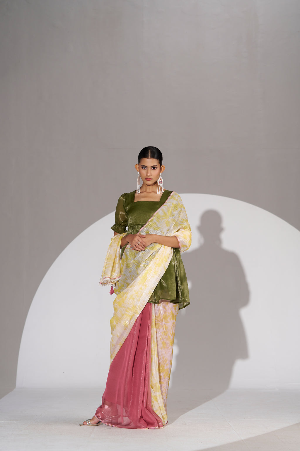 YELLOW BOUGAINVILLEA SOFT ORGANZA READY TO WEAR SAREE