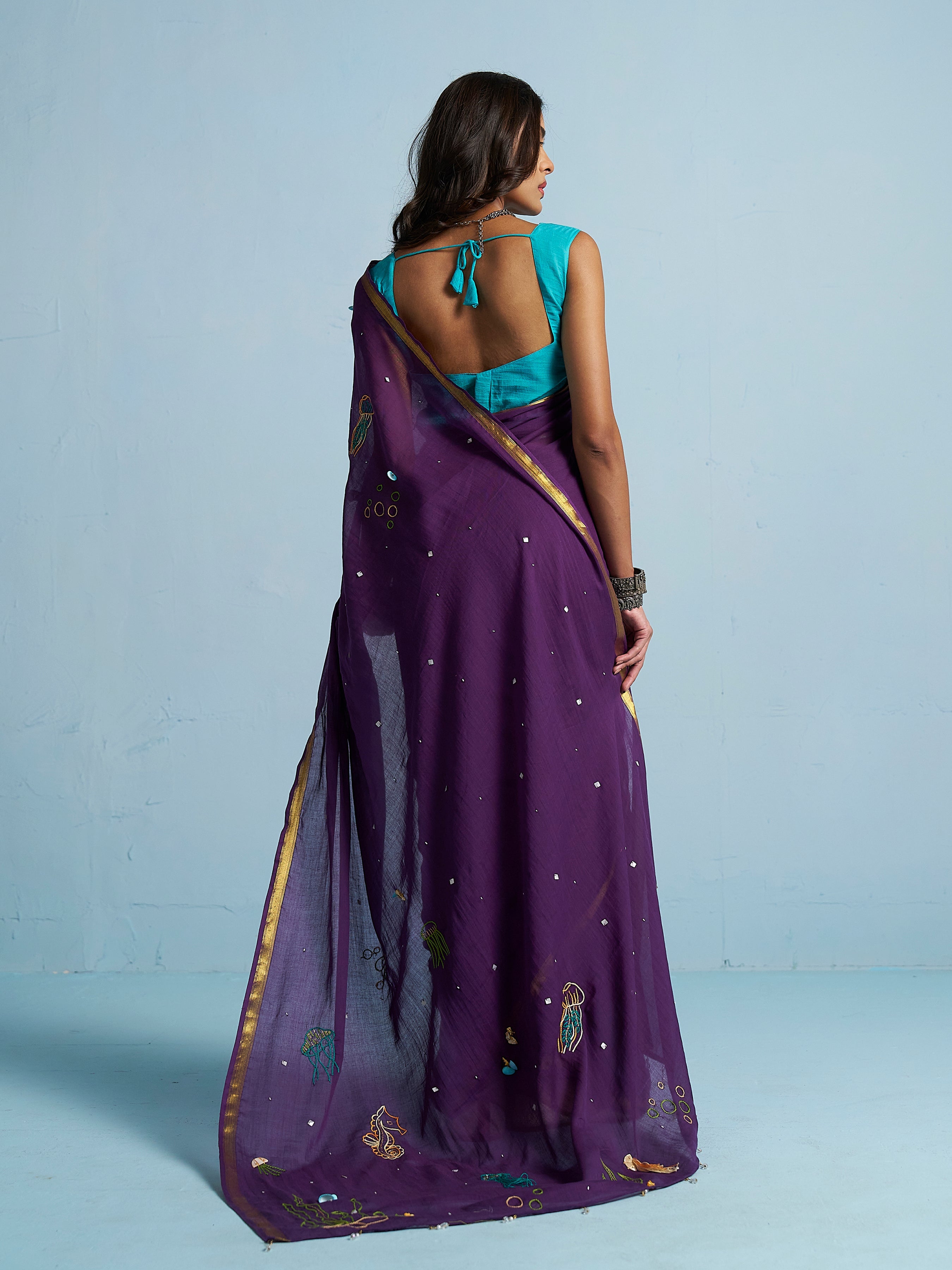 PURPLE VISCOSE MUL THREAD WORK SAREES