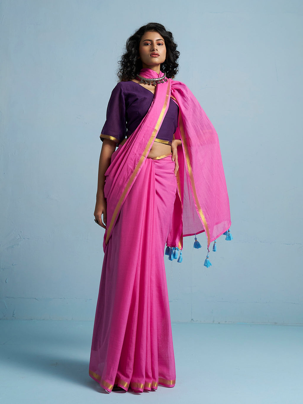 MAGENTA PINK VISCOSE MUL LIVA SOLID SAREE