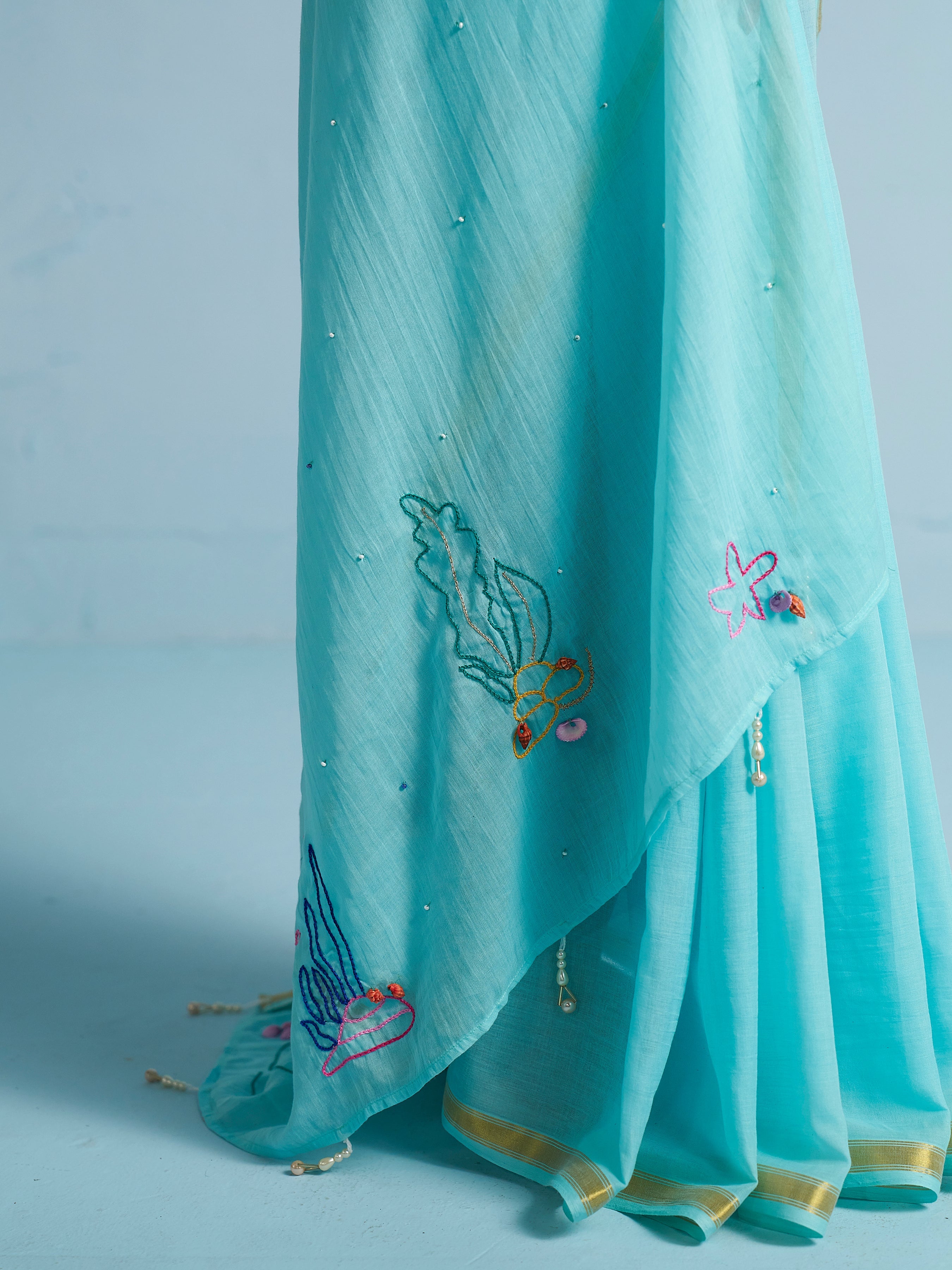 TURQUOISE BLUE VISCOSE MUL THREAD WORK SAREES