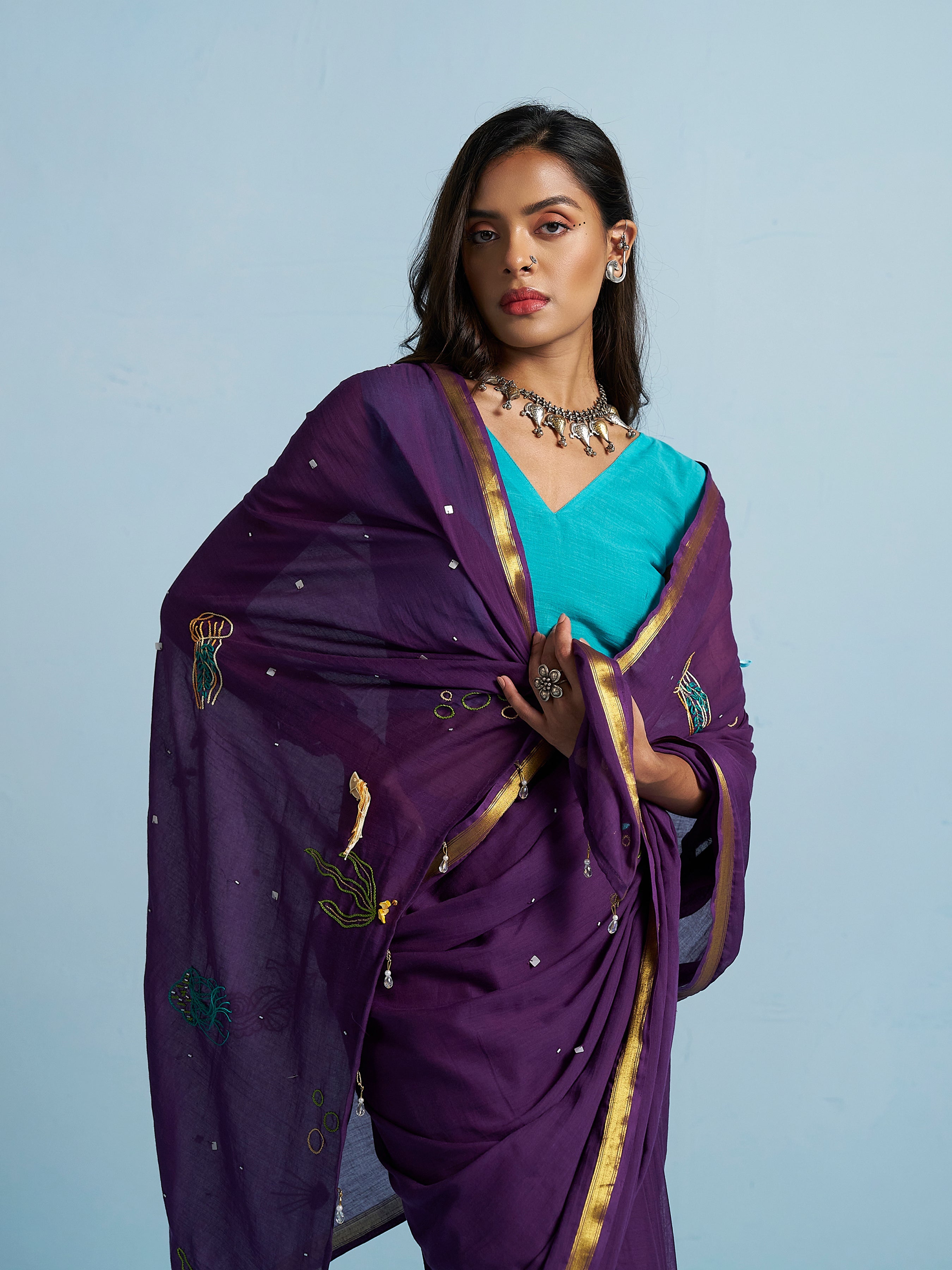 PURPLE VISCOSE MUL THREAD WORK SAREES