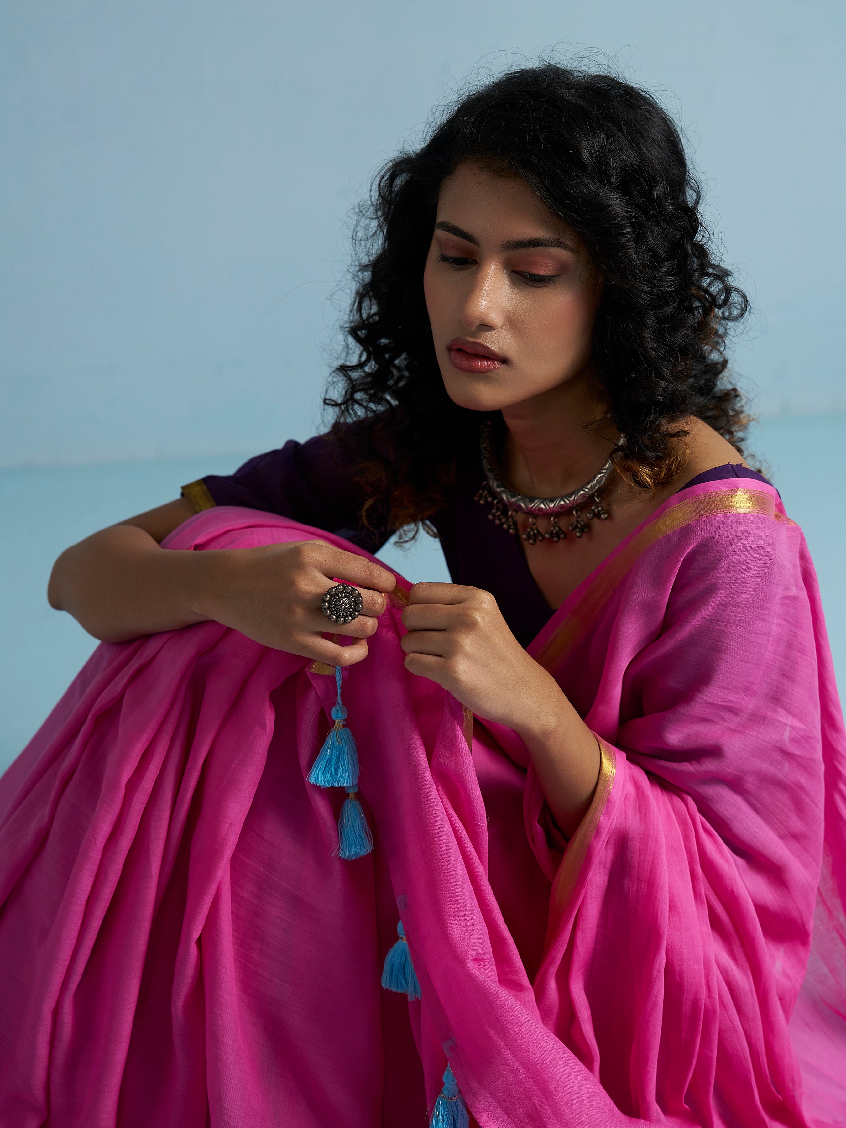 MAGENTA PINK VISCOSE MUL LIVA SOLID SAREE