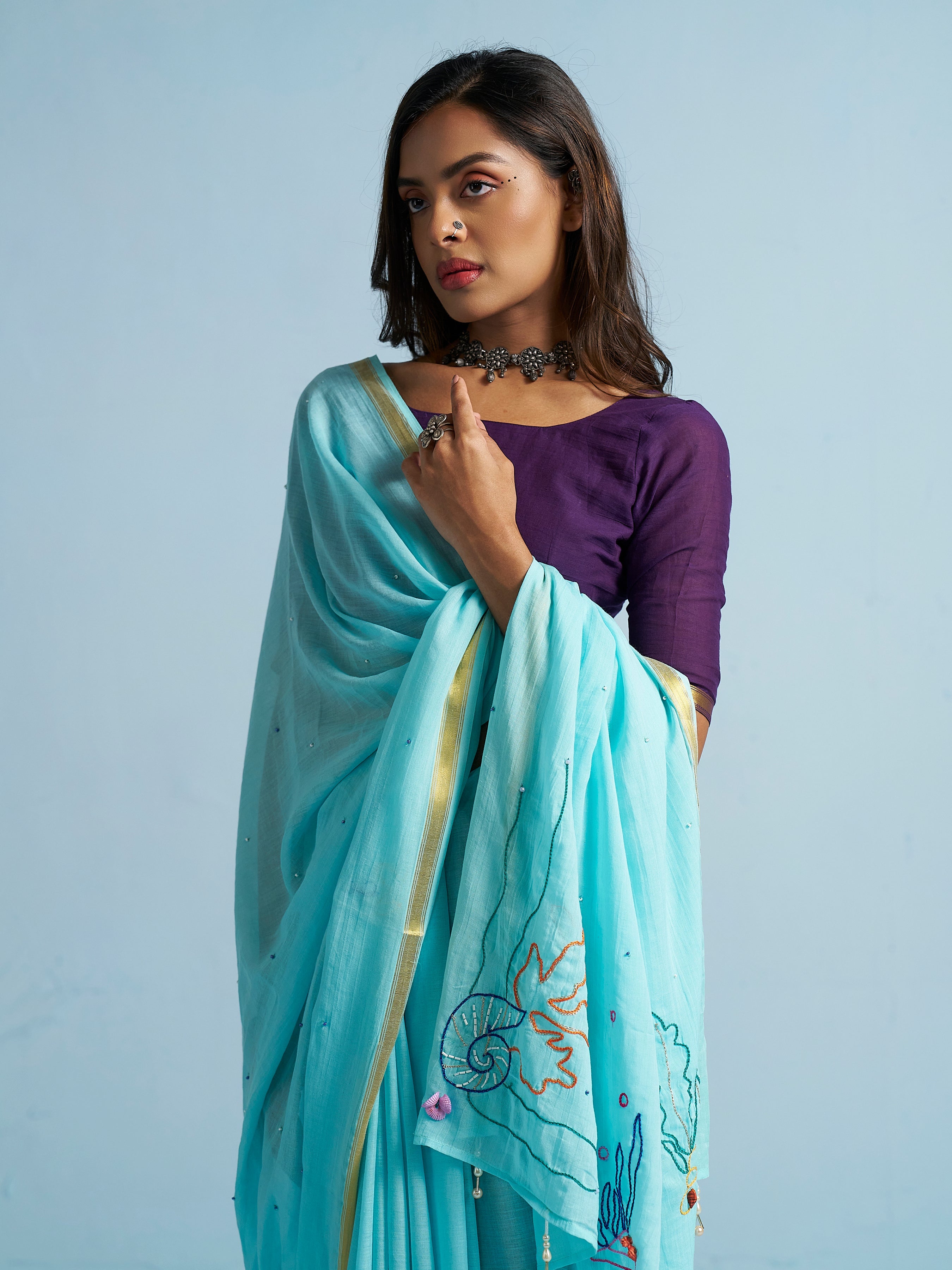 TURQUOISE BLUE VISCOSE MUL THREAD WORK SAREES