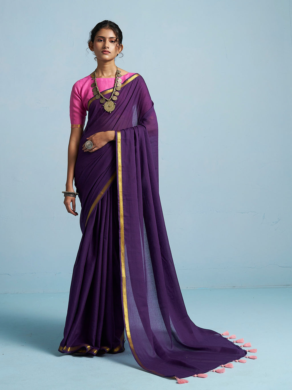 ROYAL PURPLE VISCOSE MUL LIVA SOLID SAREE