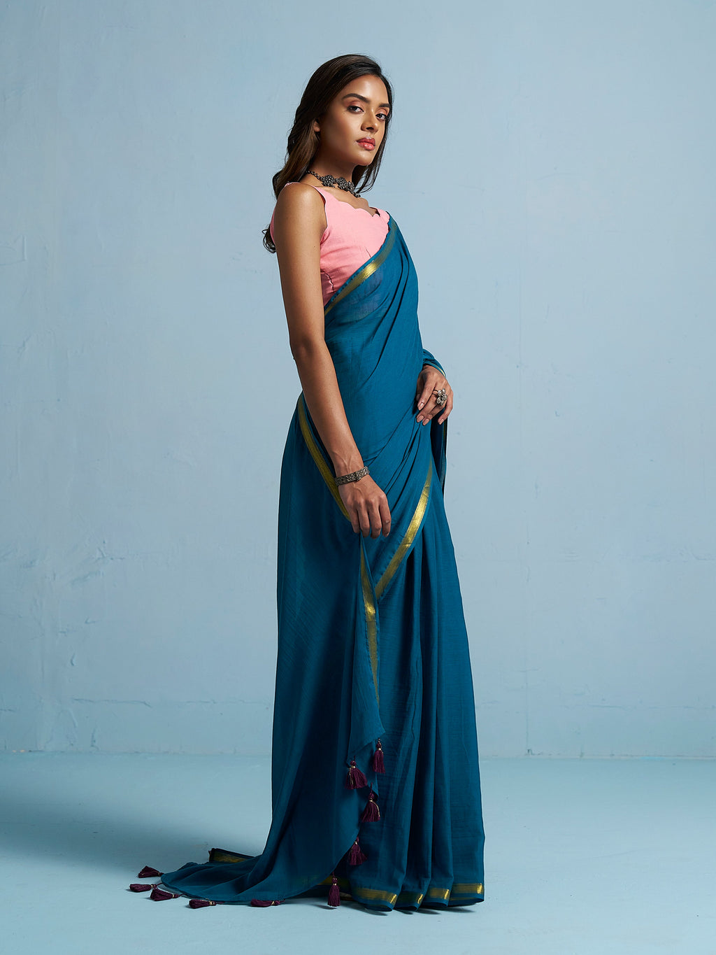 TEAL BLUE VISCOSE MUL LIVA SOLID SAREE