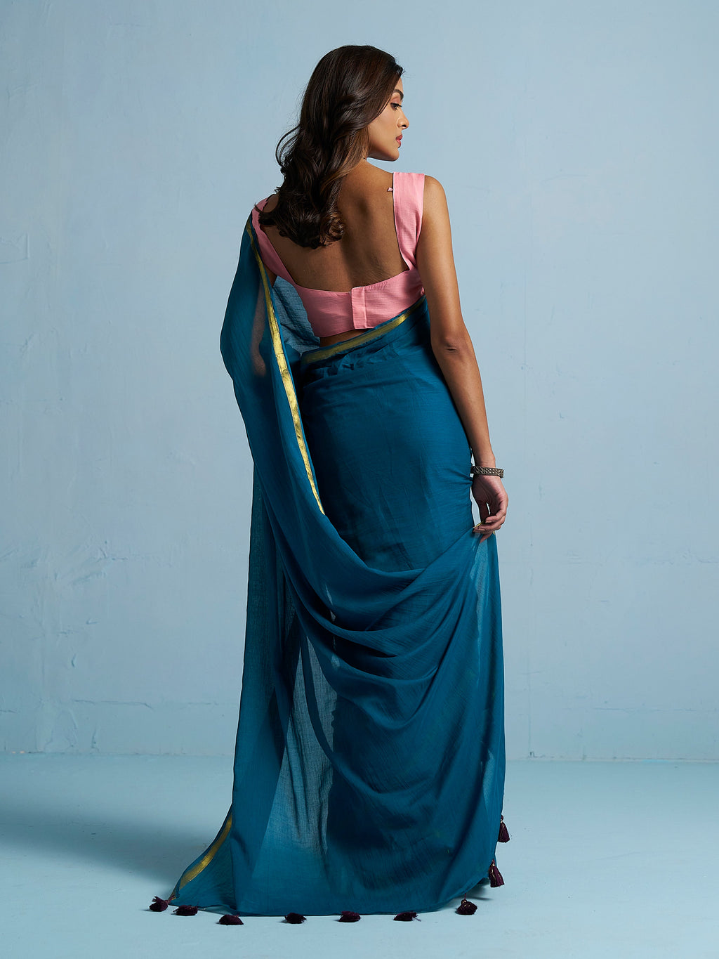 TEAL BLUE VISCOSE MUL LIVA SOLID SAREE