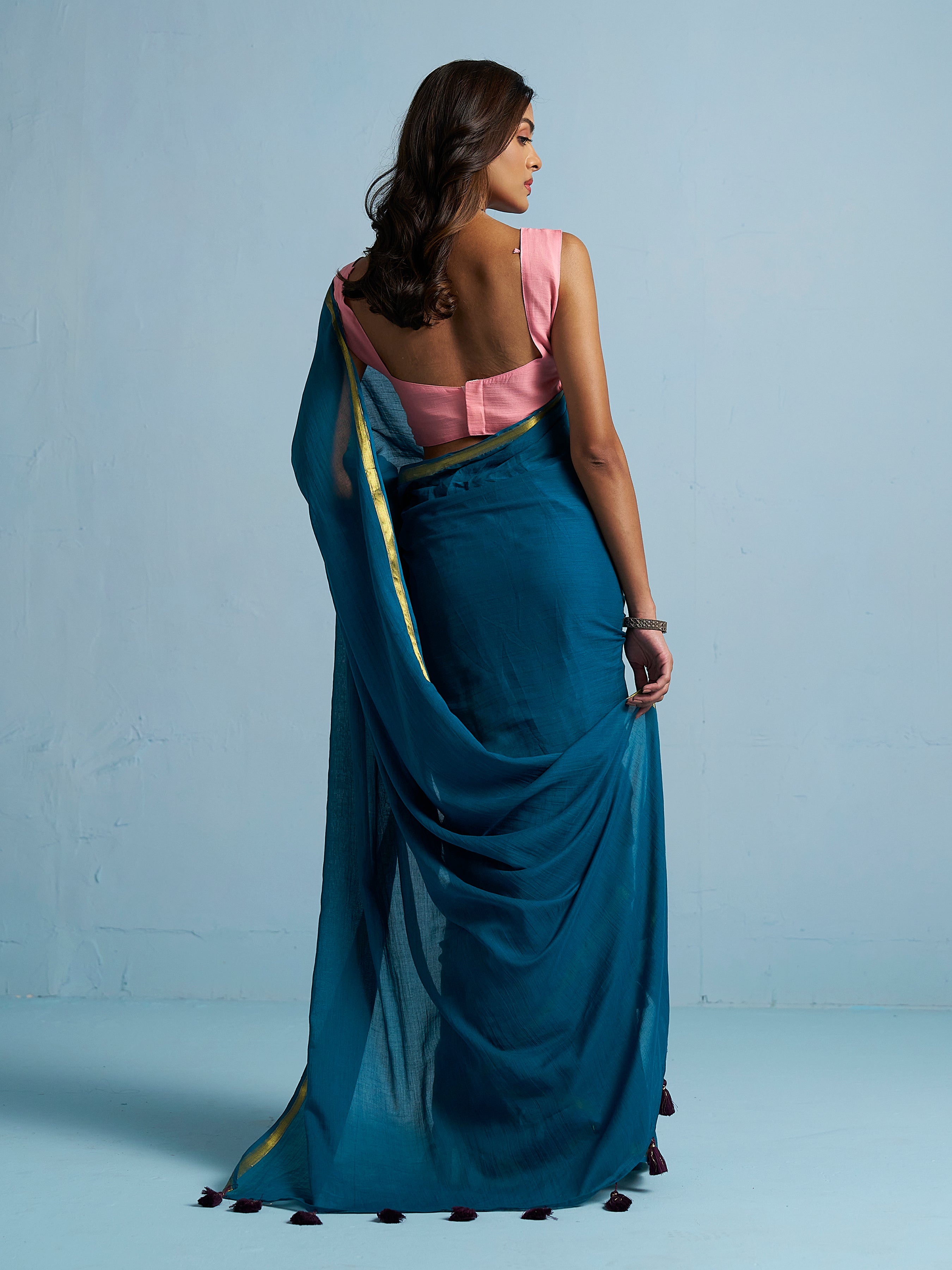 TEAL BLUE VISCOSE MUL LIVA SOLID SAREE