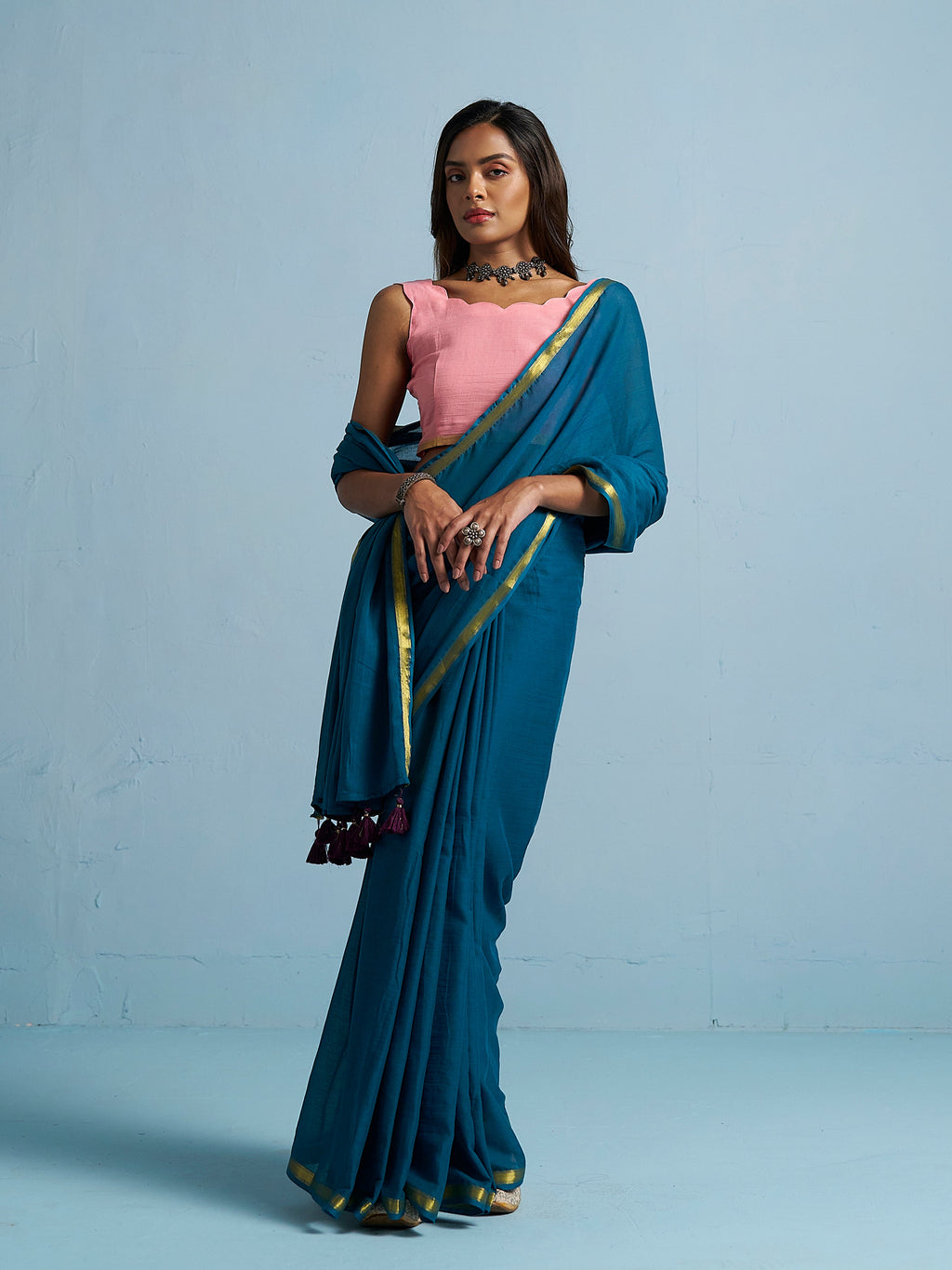 TEAL BLUE VISCOSE MUL LIVA SOLID SAREE