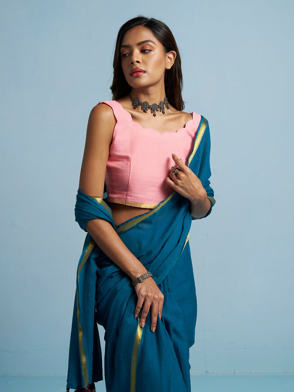 TEAL BLUE VISCOSE MUL LIVA SOLID SAREE