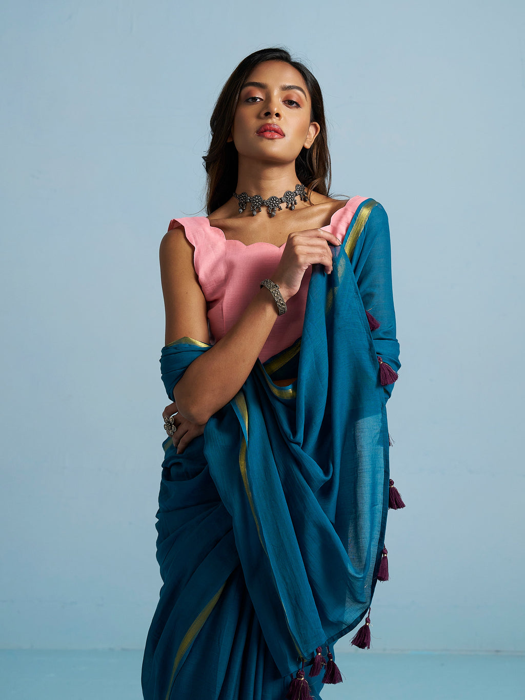TEAL BLUE VISCOSE MUL LIVA SOLID SAREE