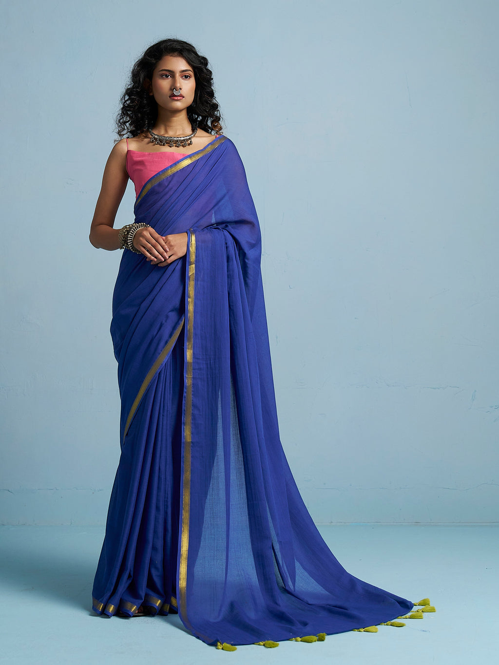 ROYAL BLUE VISCOSE MUL LIVA SOLID SAREE