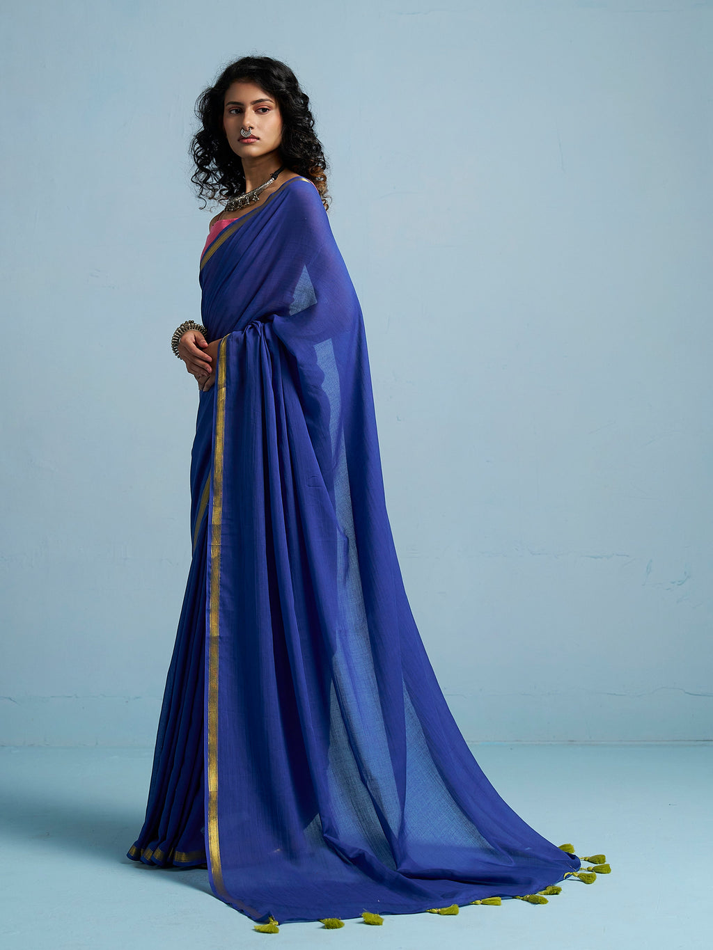ROYAL BLUE VISCOSE MUL LIVA SOLID SAREE