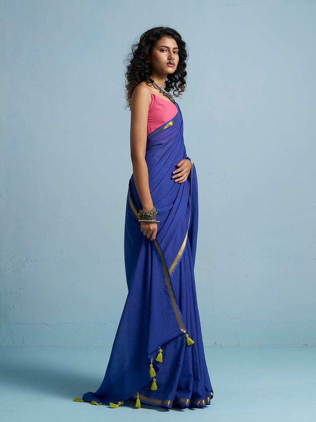 ROYAL BLUE VISCOSE MUL LIVA SOLID SAREE