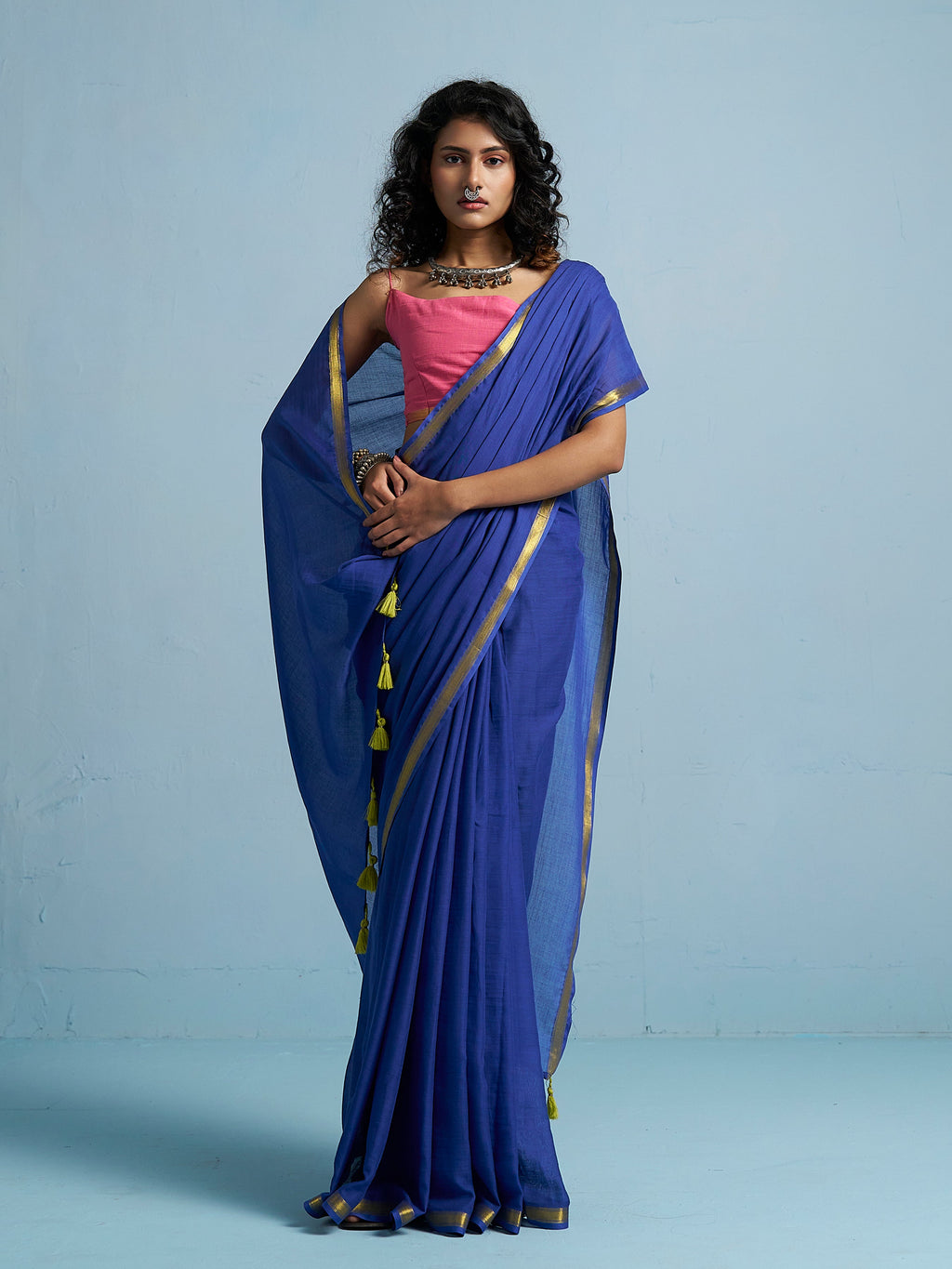 ROYAL BLUE VISCOSE MUL LIVA SOLID SAREE
