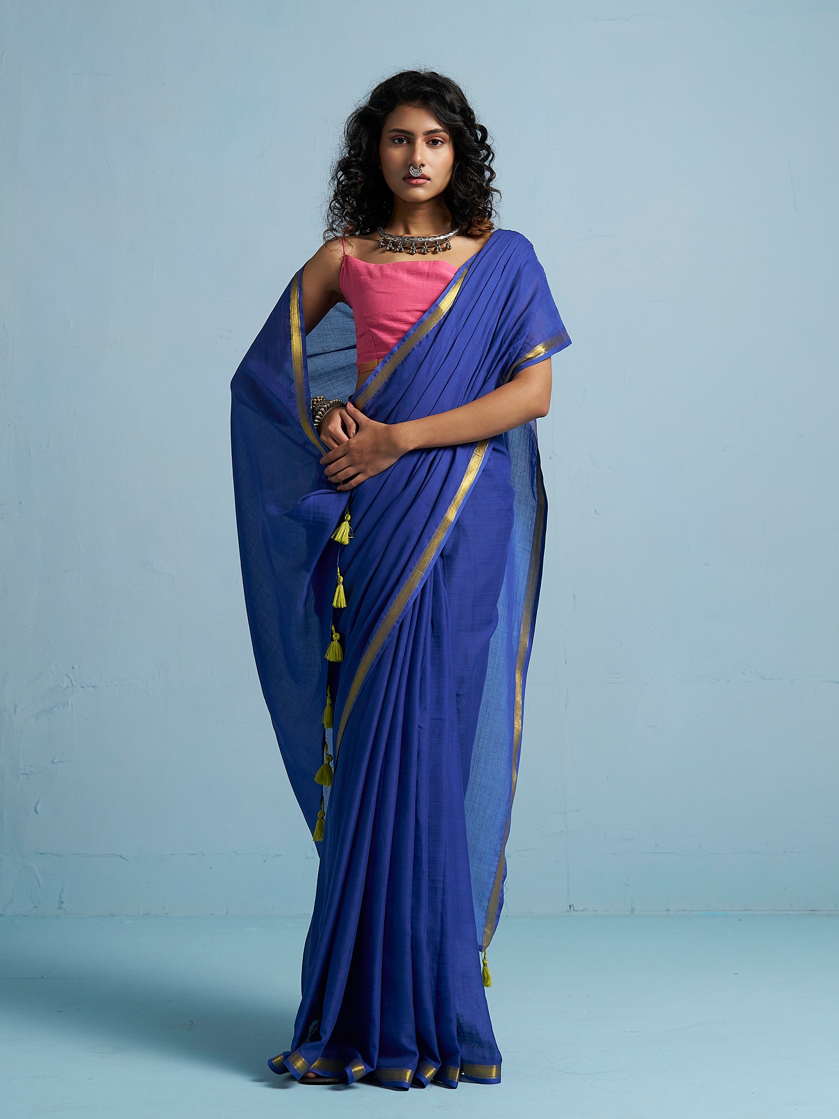 ROYAL BLUE VISCOSE MUL LIVA SOLID SAREE
