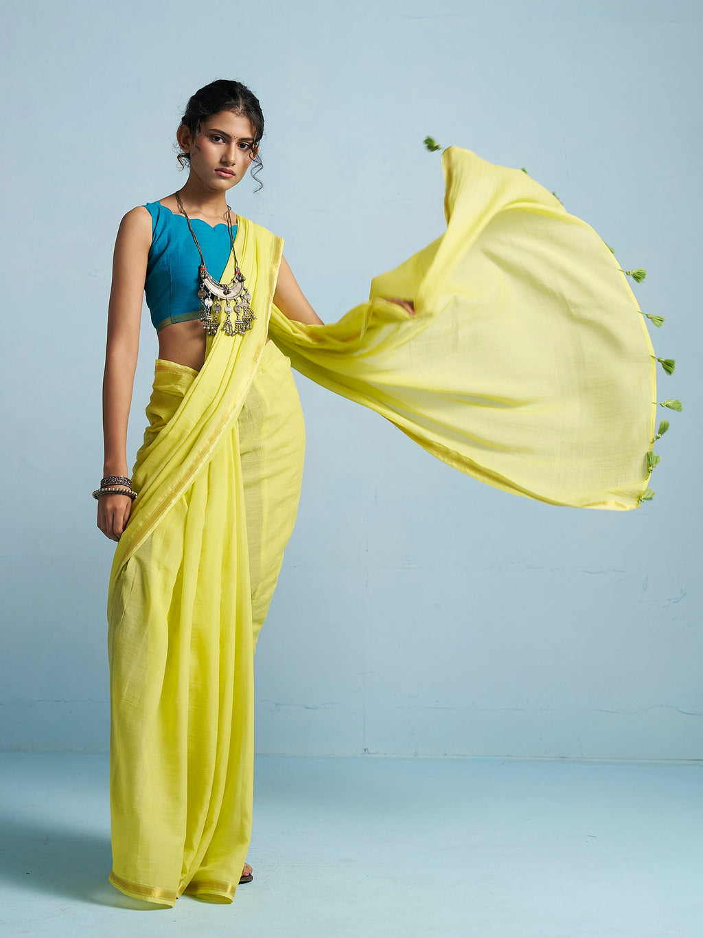 NEON YELLOW VISCOSE MUL LIVA SOLID SAREE