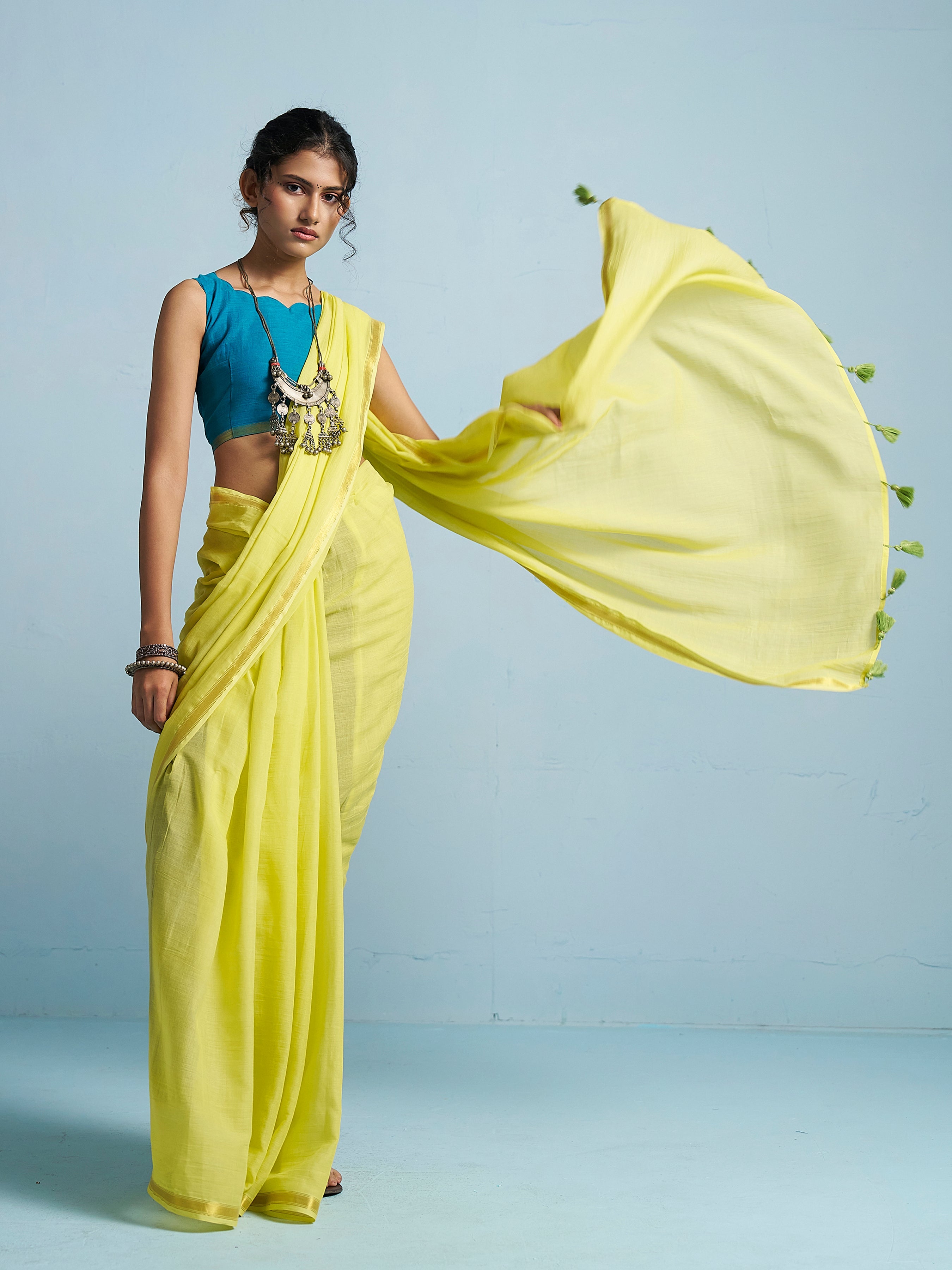 NEON YELLOW VISCOSE MUL LIVA SOLID SAREE