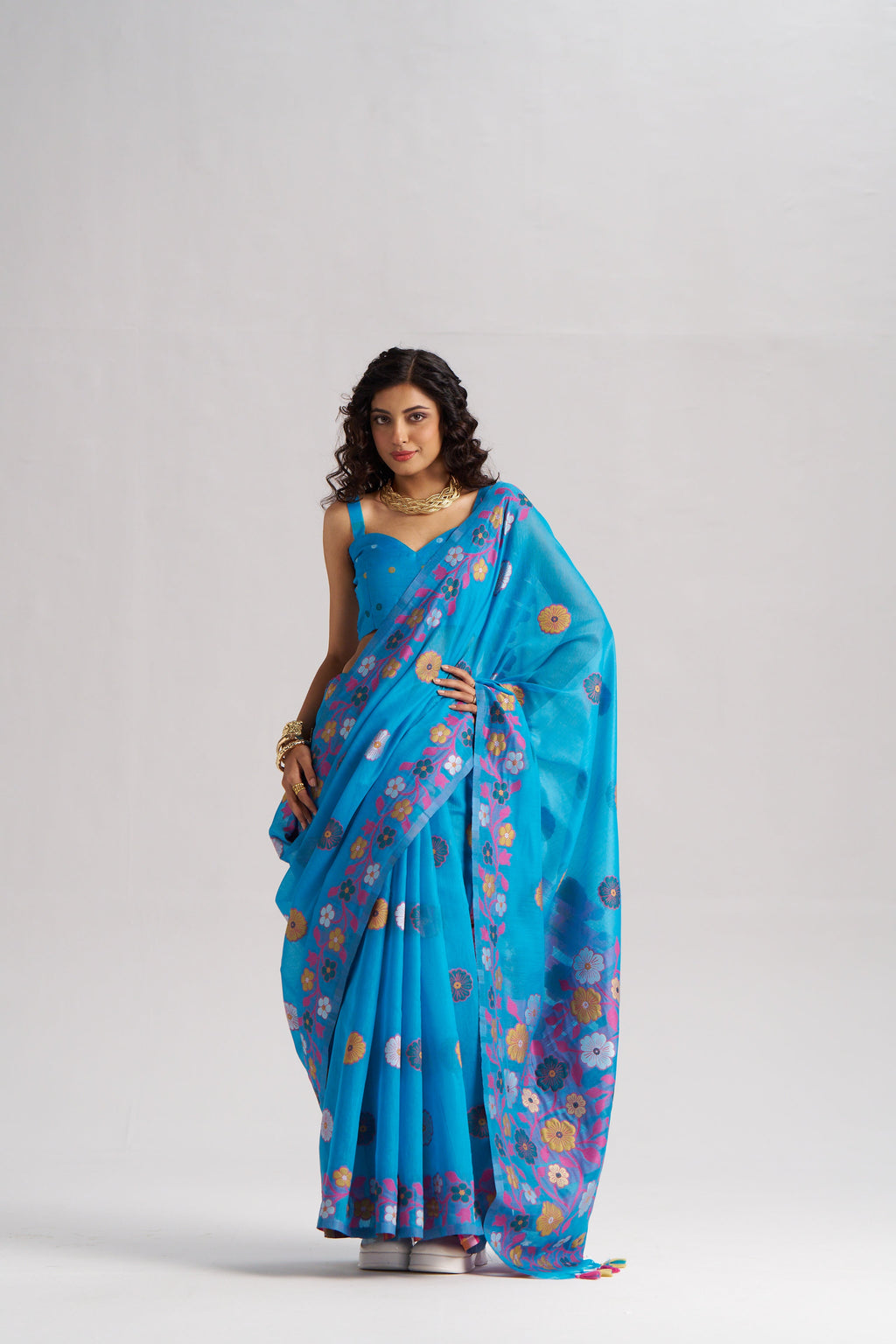 TURQUOISE BLUE COTTON SILK GARDENIA SAREE