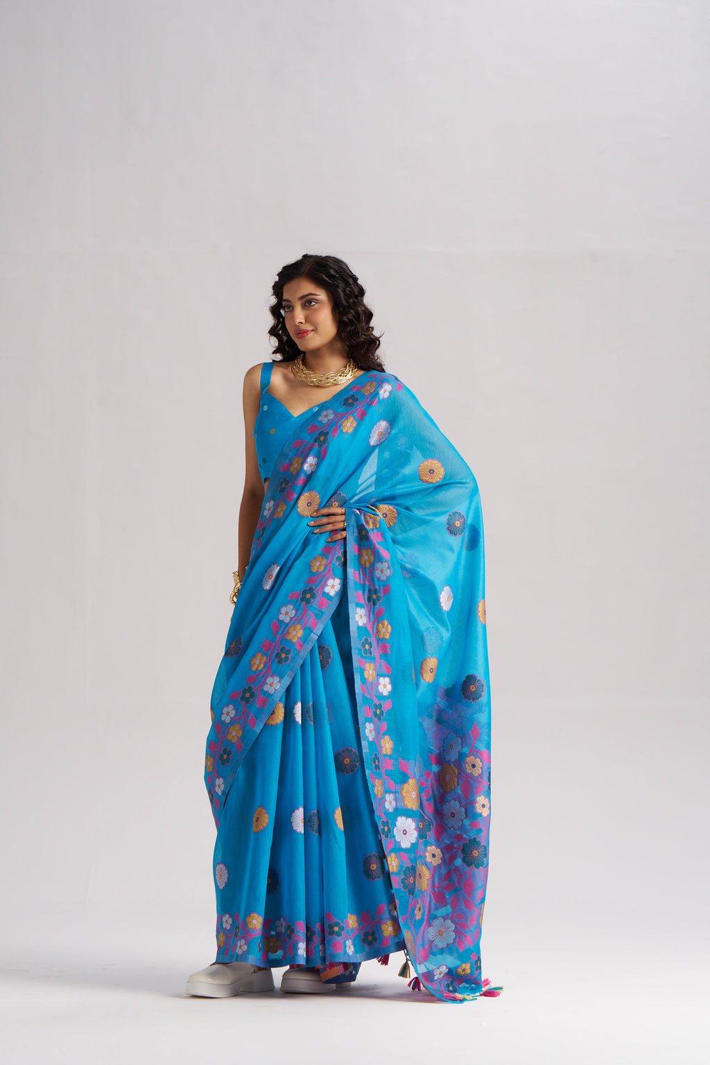 TURQUOISE BLUE COTTON SILK GARDENIA SAREE