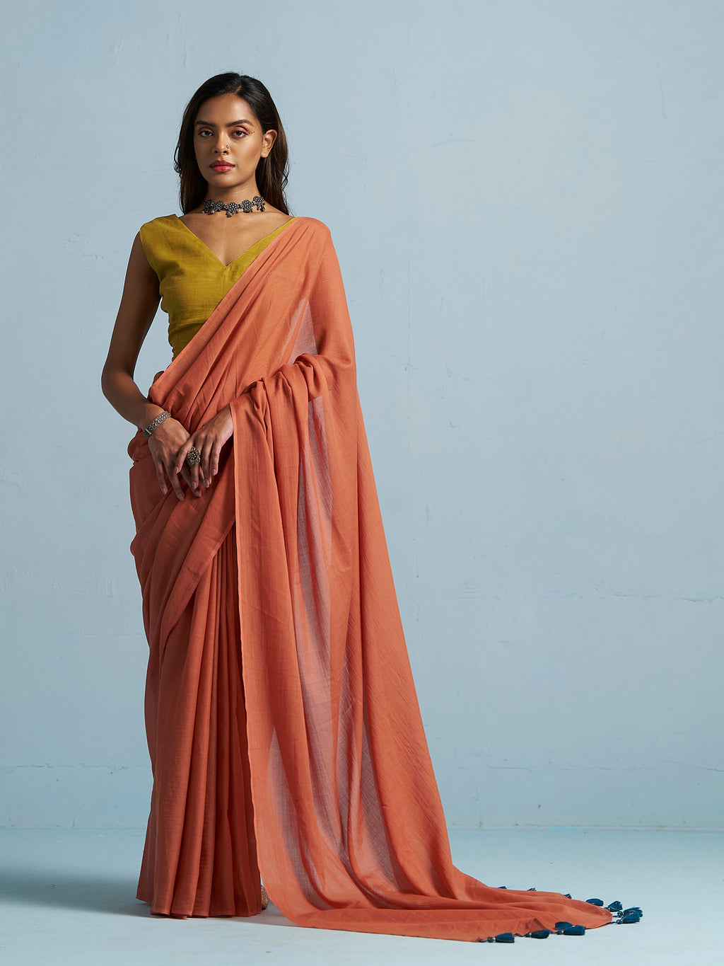 RUST ORANGE VISCOSE MUL LIVA SOLID SAREE