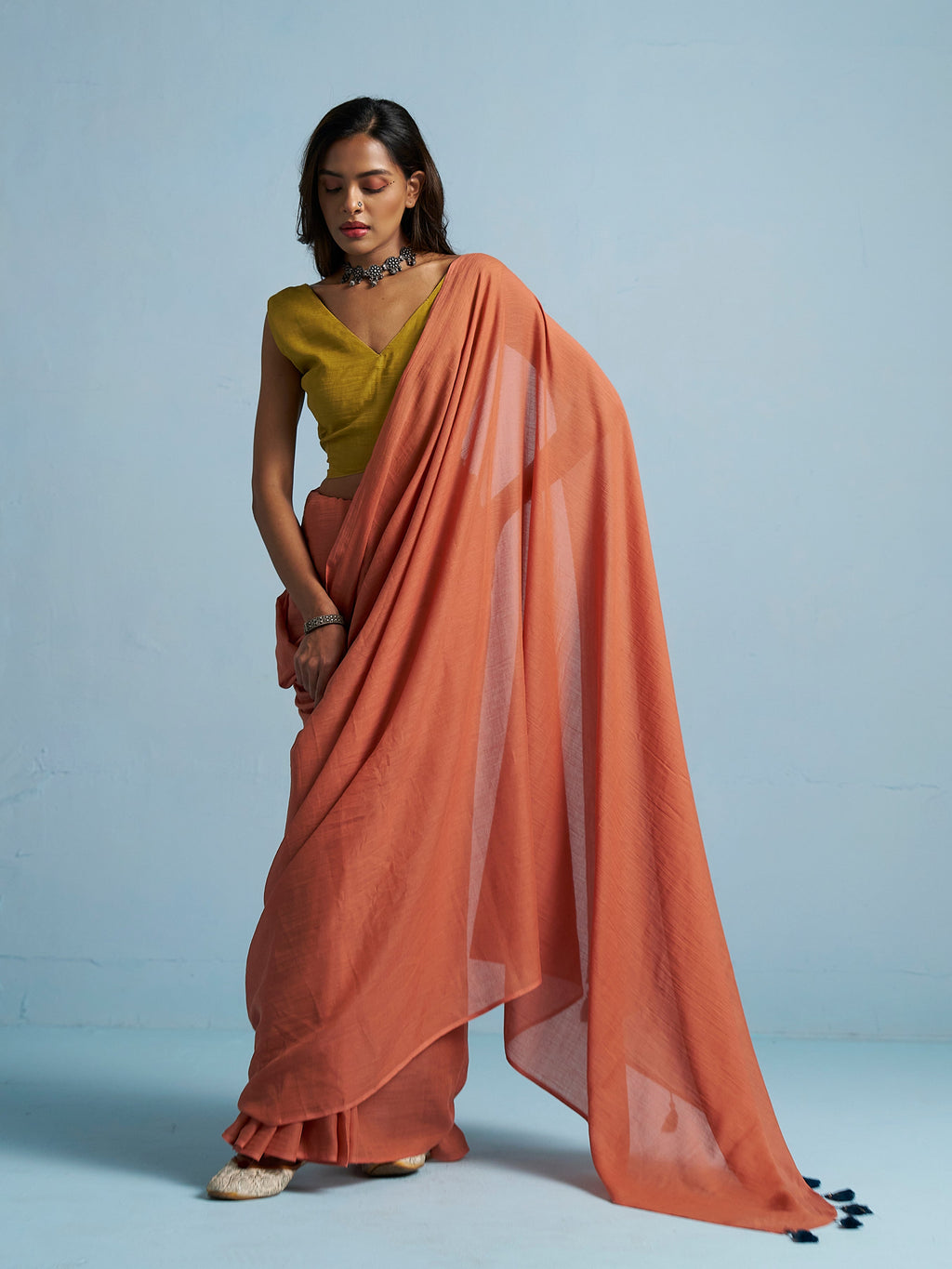 RUST ORANGE VISCOSE MUL LIVA SOLID SAREE