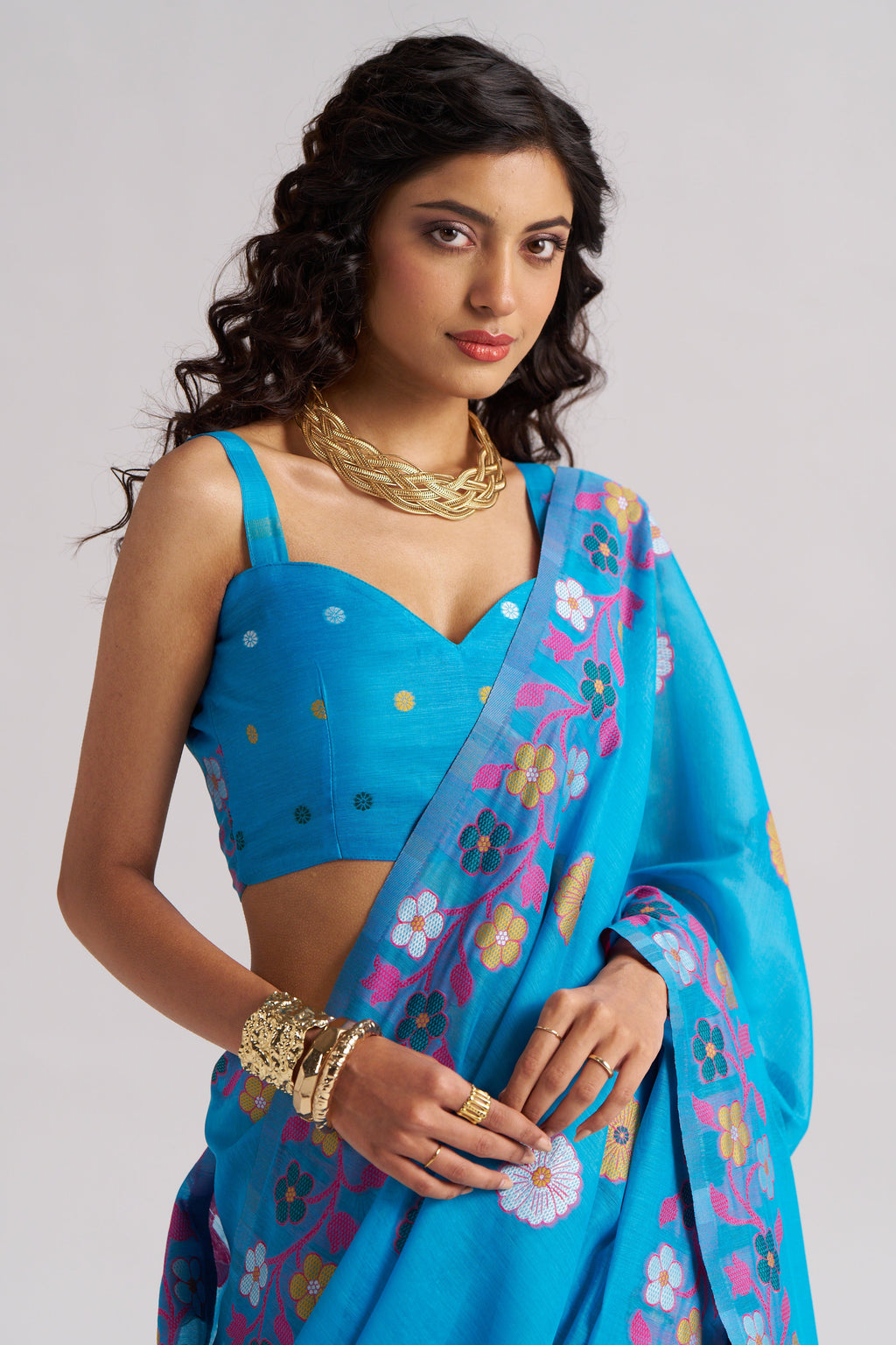 TURQUOISE BLUE COTTON SILK GARDENIA SAREE