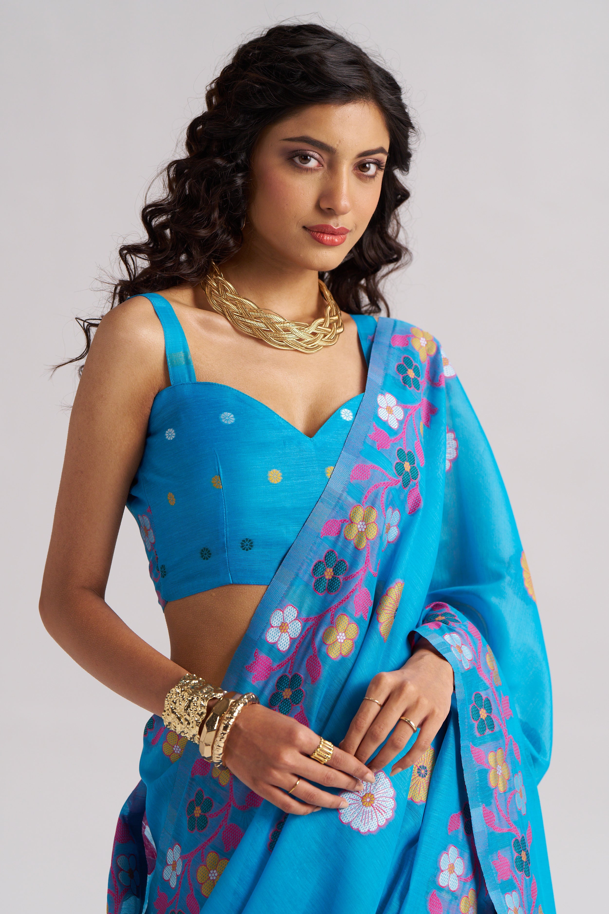 TURQUOISE BLUE COTTON SILK GARDENIA SAREE